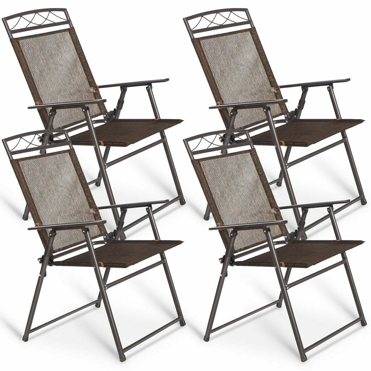 Set of 4 Patio Folding Sling Chairs Steel Camping Deck, Brown Patio Dining Chairs   at Gallery Canada