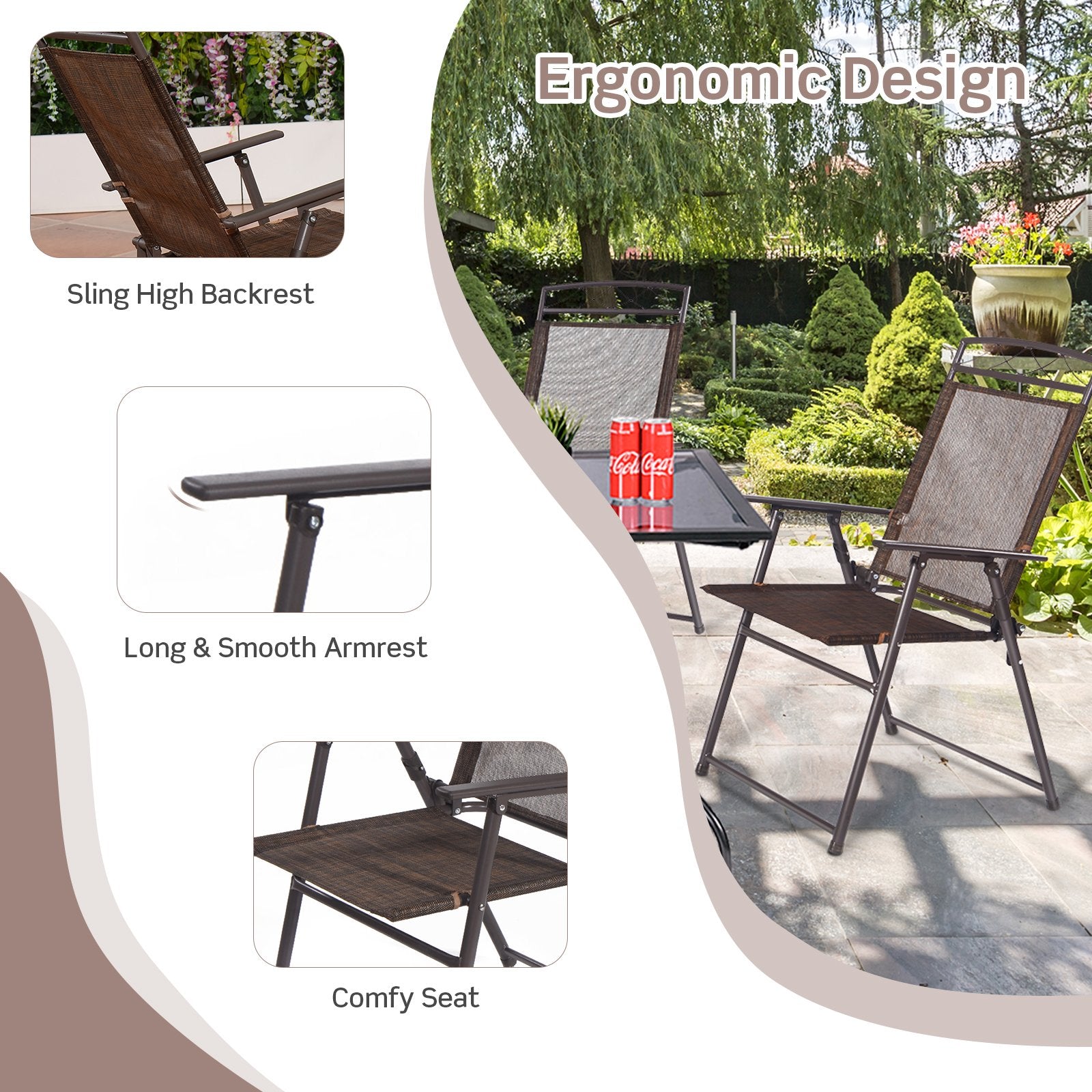 Set of 4 Patio Folding Sling Chairs Steel Camping Deck, Brown Patio Dining Chairs   at Gallery Canada