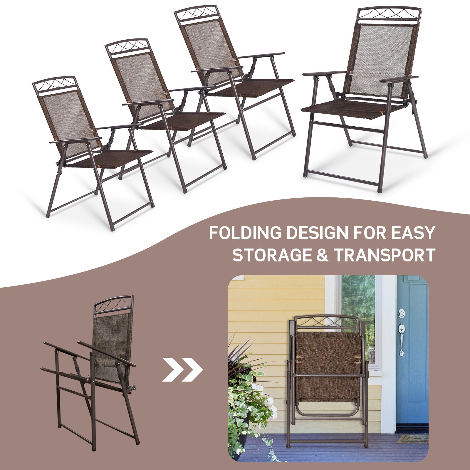 Set of 4 Patio Folding Sling Chairs Steel Camping Deck, Brown Patio Dining Chairs   at Gallery Canada