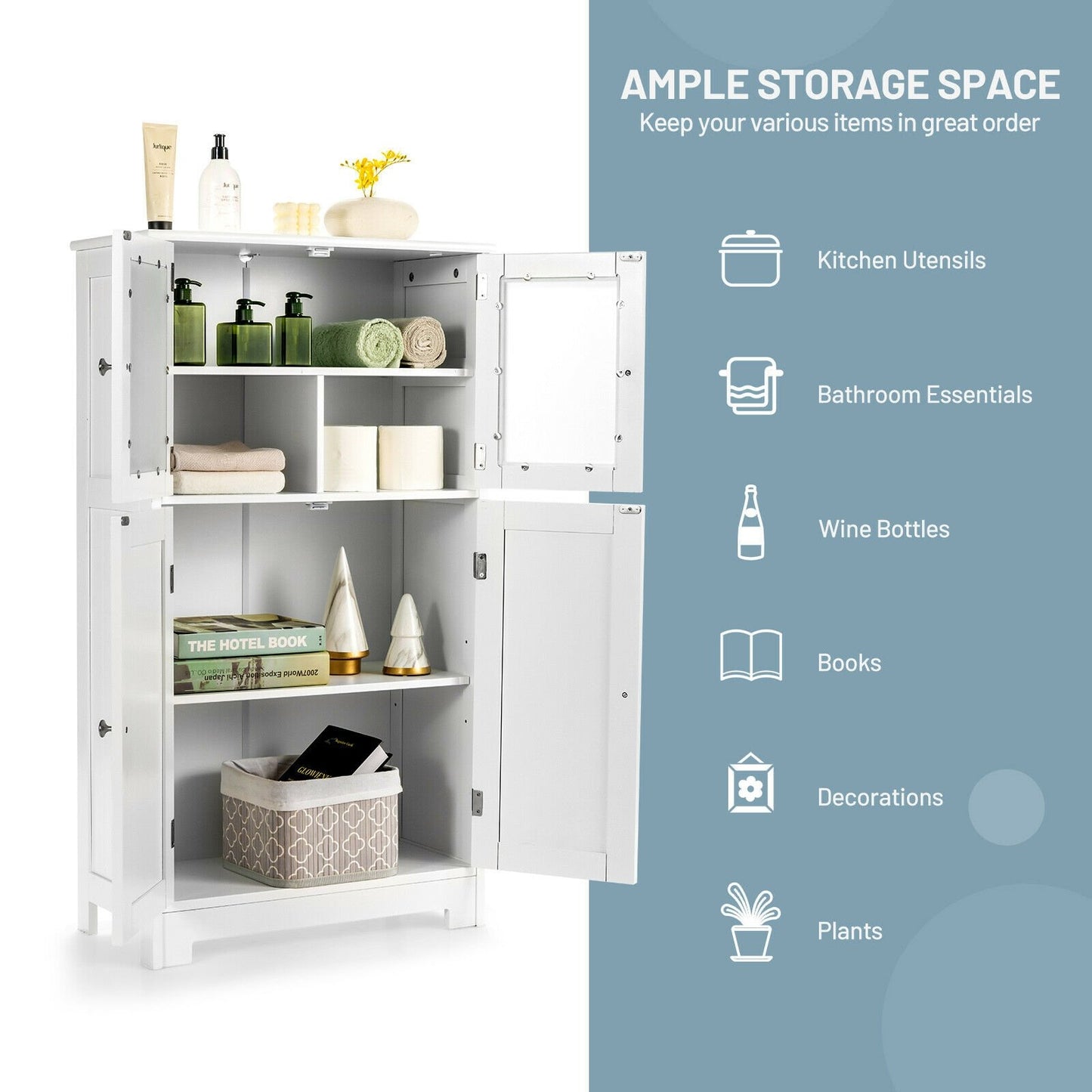 Bathroom Floor Storage Locker Kitchen Cabinet with Doors and Adjustable Shelf, White Floor Cabinets   at Gallery Canada