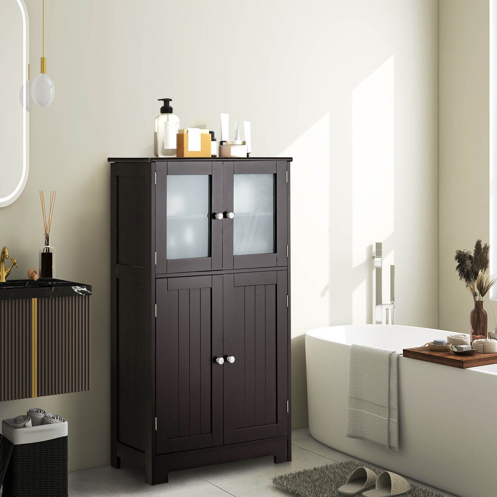 Bathroom Floor Storage Locker Kitchen Cabinet with Doors and Adjustable Shelf, Brown Floor Cabinets   at Gallery Canada