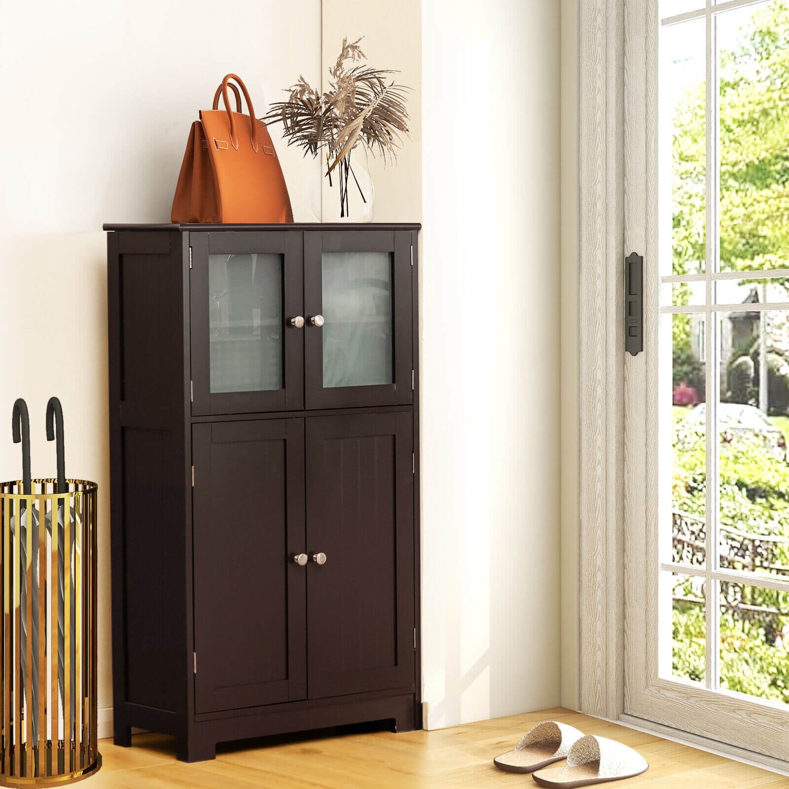 Bathroom Floor Storage Locker Kitchen Cabinet with Doors and Adjustable Shelf, Brown Floor Cabinets   at Gallery Canada