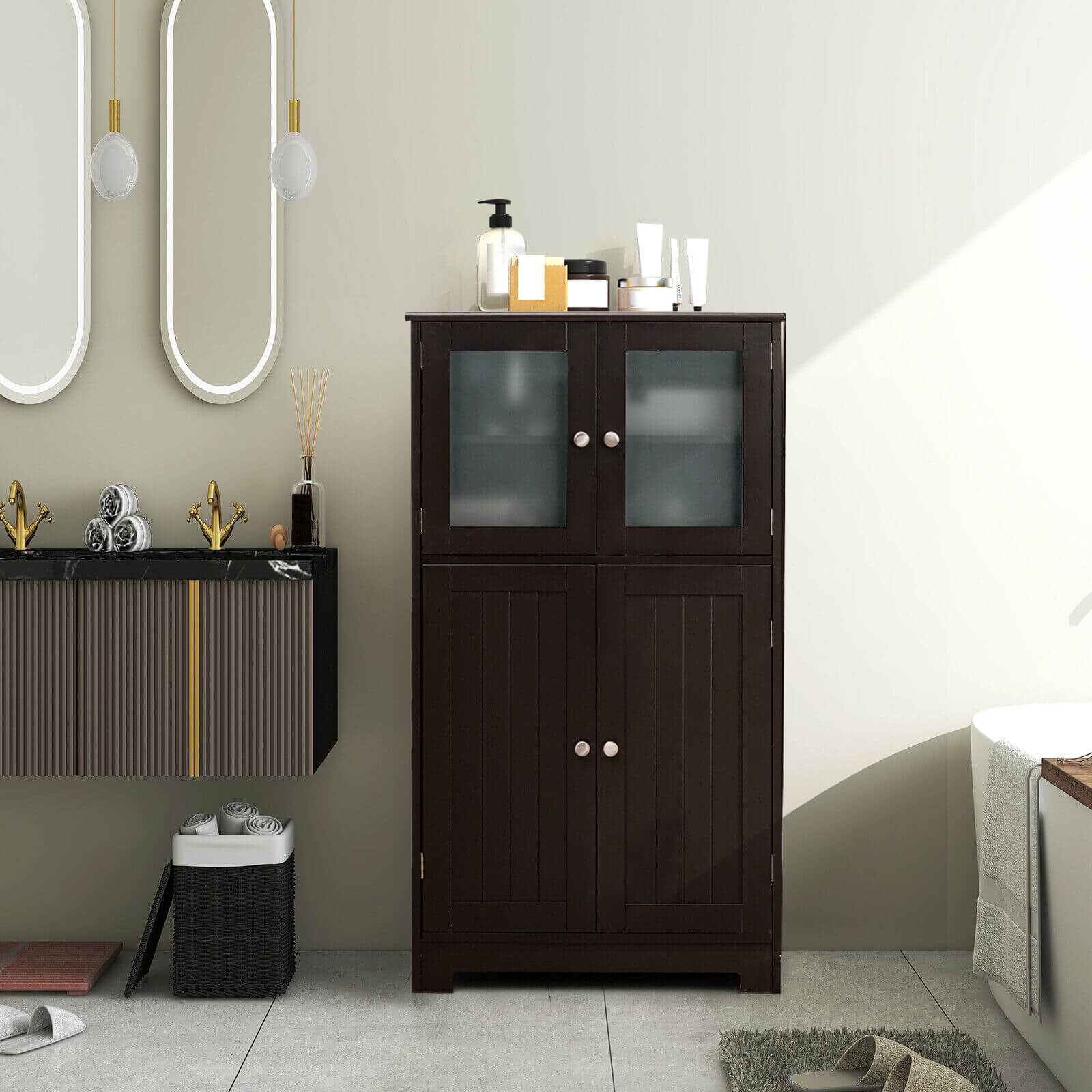 Bathroom Floor Storage Locker Kitchen Cabinet with Doors and Adjustable Shelf, Brown Floor Cabinets   at Gallery Canada