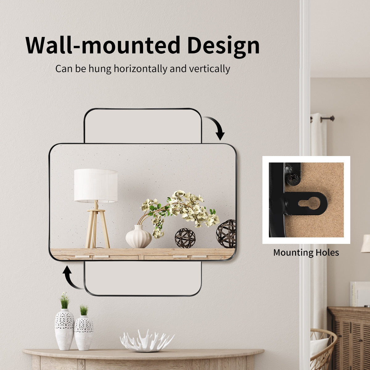 32 Inch x 20 Inch Metal Frame Wall-Mounted Rectangle Mirror, Black Wall Mirrors   at Gallery Canada