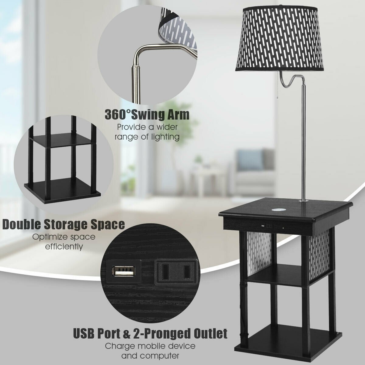 Floor Lamp Bedside Desk with USB Charging Ports Shelves, Black - Gallery Canada