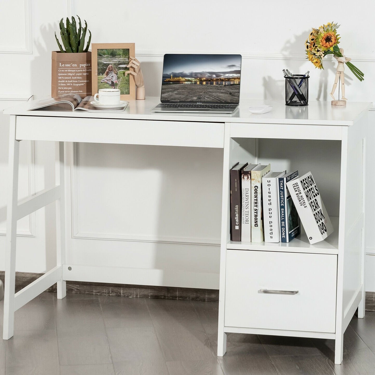 47.5 Inch Modern Home Computer Desk with 2 Storage Drawers, White Writing Desks   at Gallery Canada