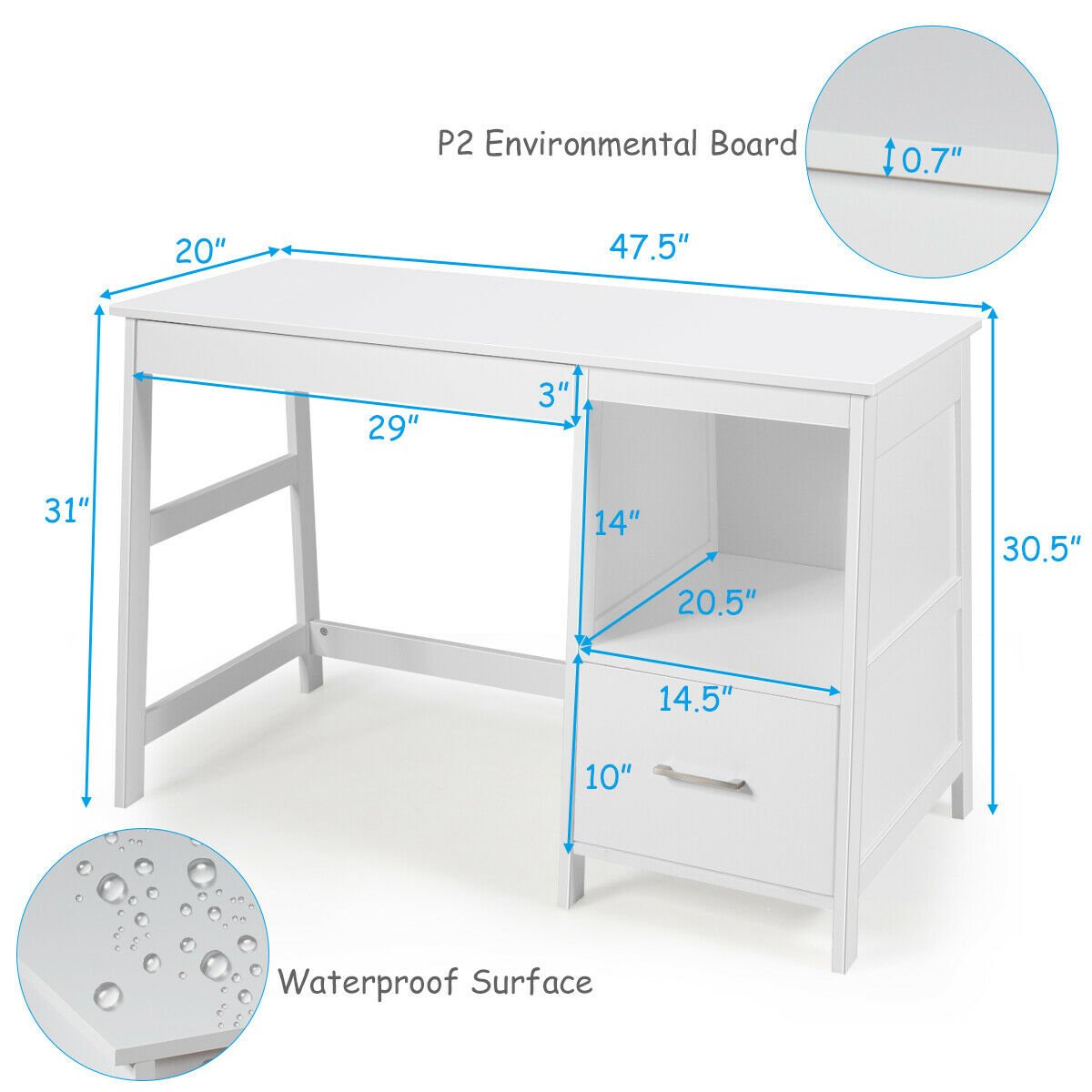 47.5 Inch Modern Home Computer Desk with 2 Storage Drawers, White Writing Desks   at Gallery Canada