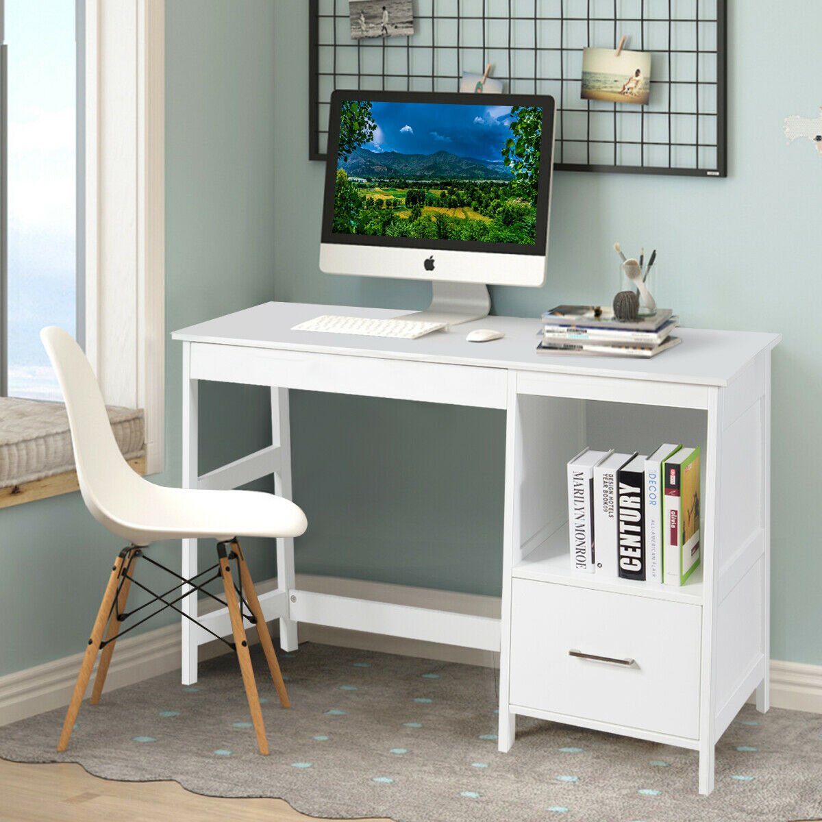 47.5 Inch Modern Home Computer Desk with 2 Storage Drawers, White Writing Desks   at Gallery Canada