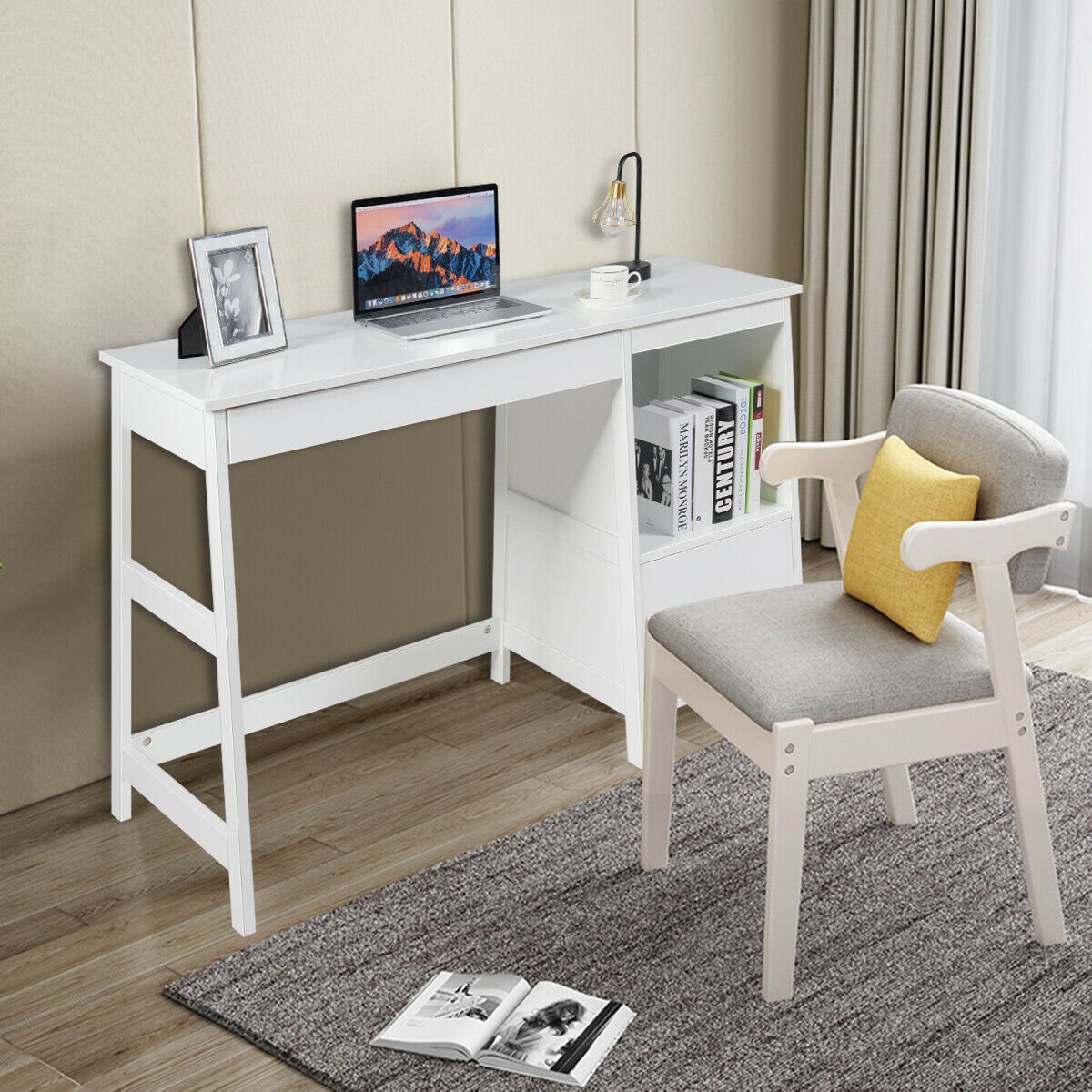 47.5 Inch Modern Home Computer Desk with 2 Storage Drawers, White Writing Desks   at Gallery Canada