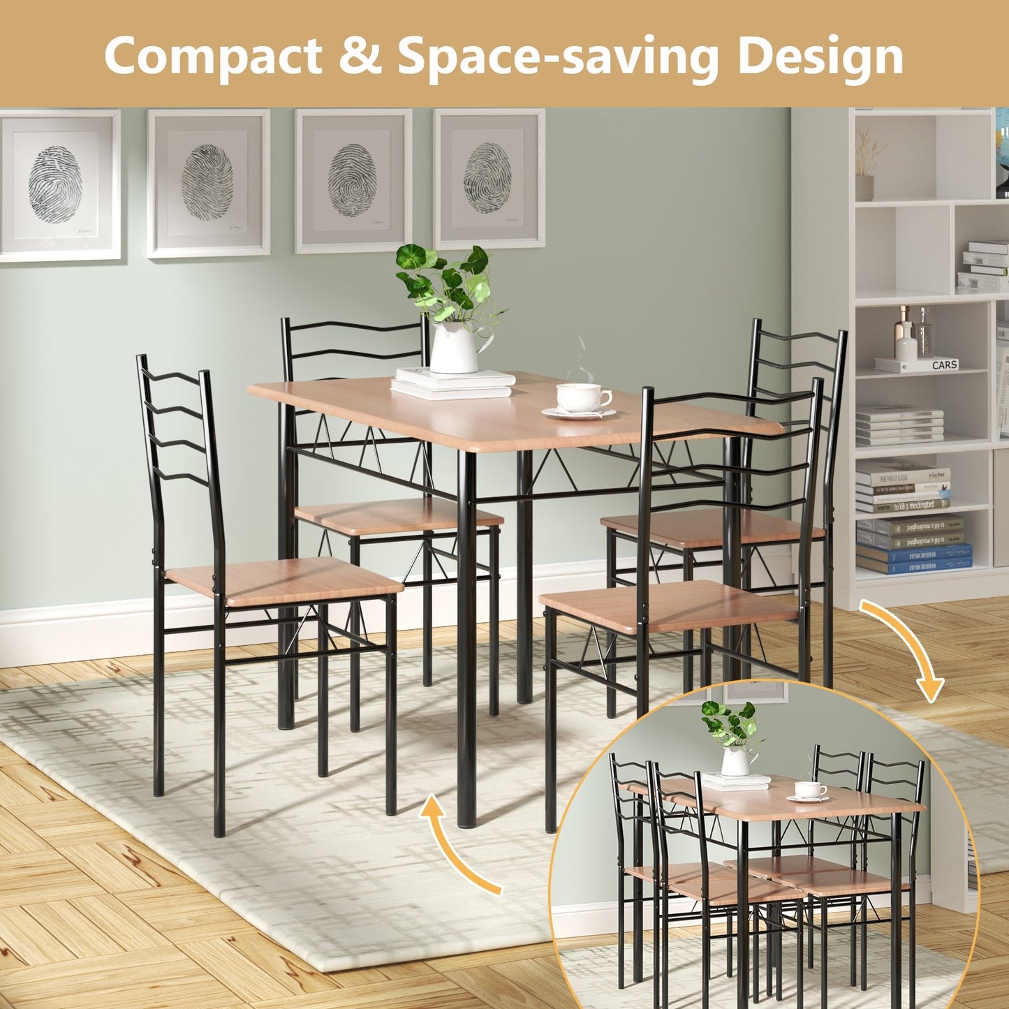 5 Pieces Wood Metal Dining Table Set with 4 Chairs, Natural Dining Room Sets   at Gallery Canada