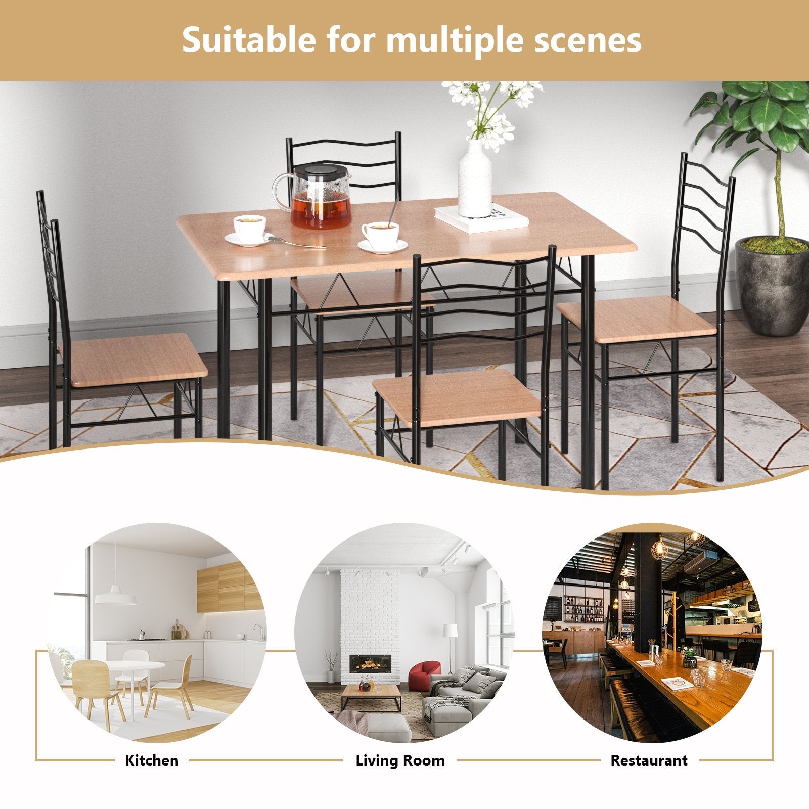 5 Pieces Wood Metal Dining Table Set with 4 Chairs, Natural Dining Room Sets   at Gallery Canada