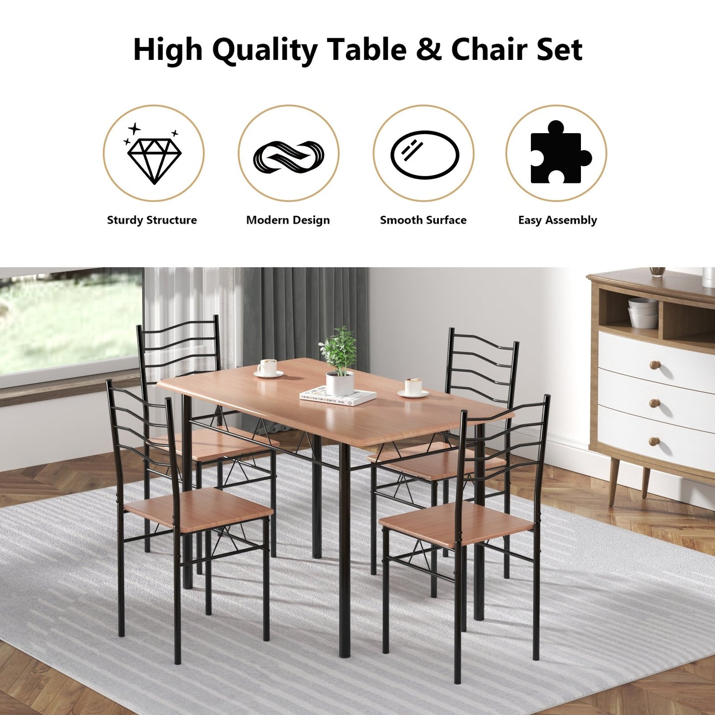 5 Pieces Wood Metal Dining Table Set with 4 Chairs, Natural Dining Room Sets   at Gallery Canada