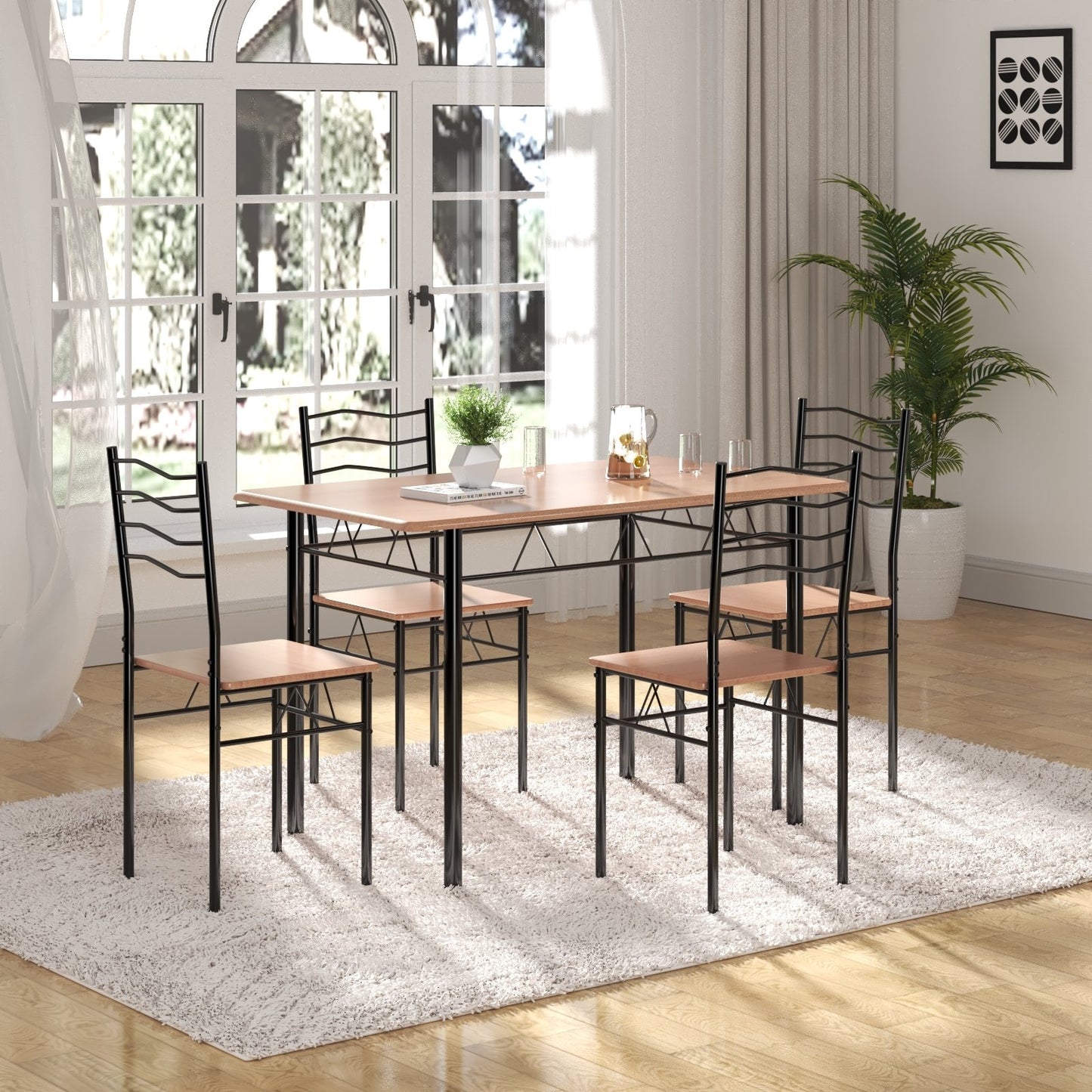 5 Pieces Wood Metal Dining Table Set with 4 Chairs, Natural Dining Room Sets   at Gallery Canada