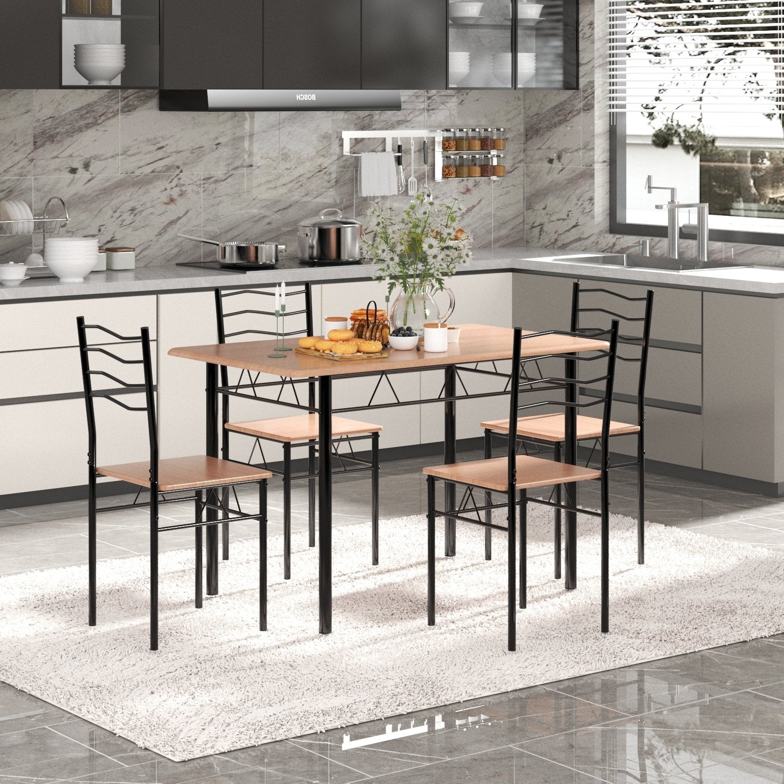 5 Pieces Wood Metal Dining Table Set with 4 Chairs, Natural Dining Room Sets   at Gallery Canada