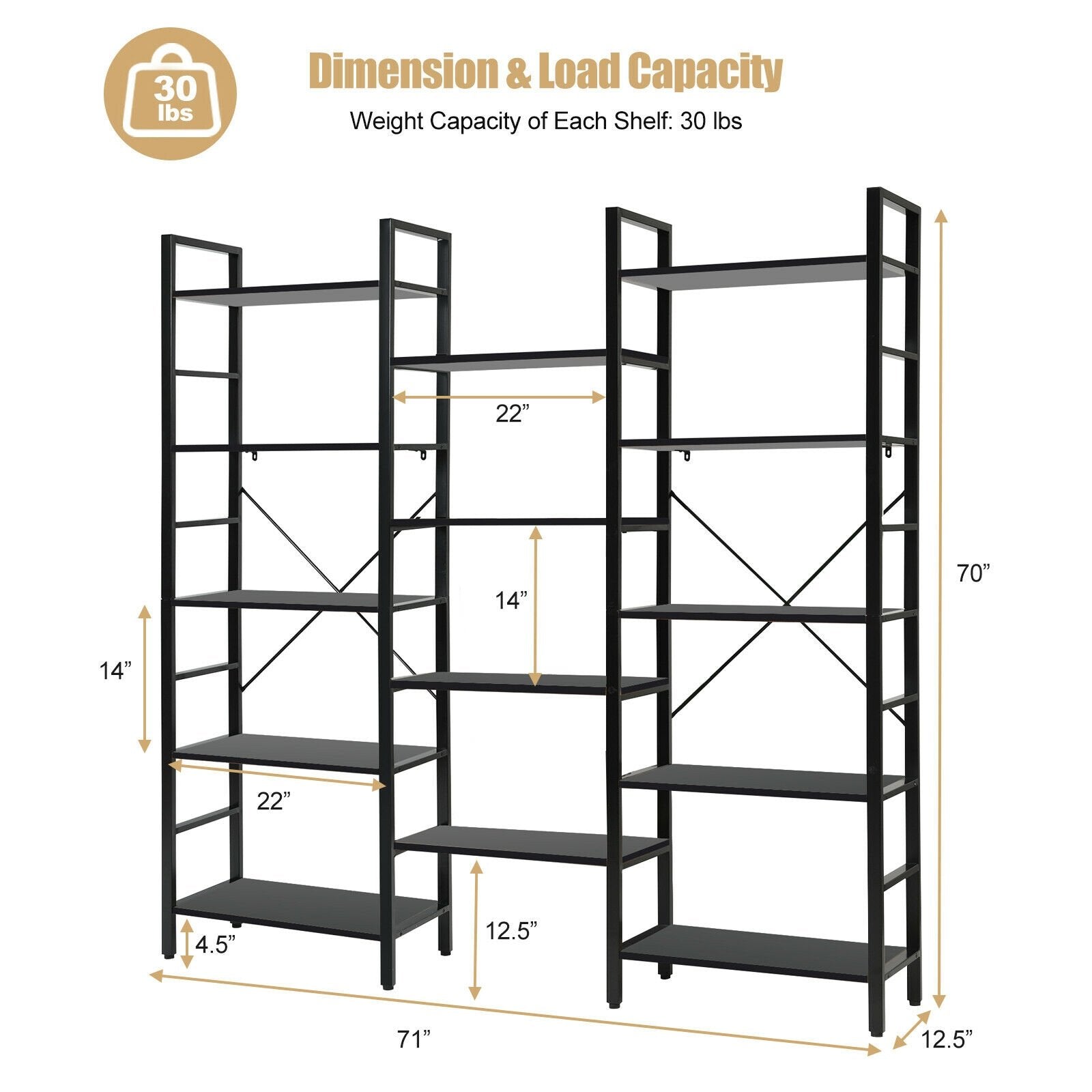 Vintage Industrial Style Triple Wide 5-Tier Bookcase with Metal Frame, Black Bookcases   at Gallery Canada