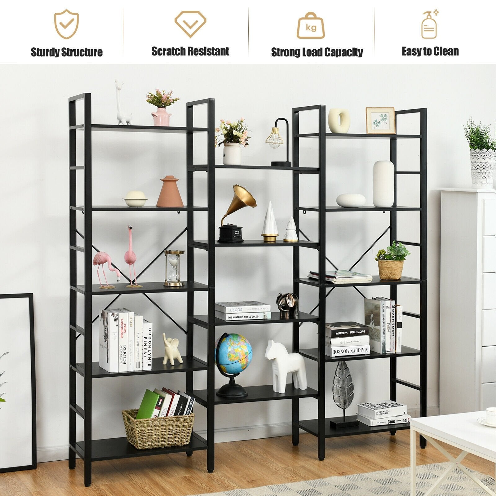 Vintage Industrial Style Triple Wide 5-Tier Bookcase with Metal Frame, Black Bookcases   at Gallery Canada