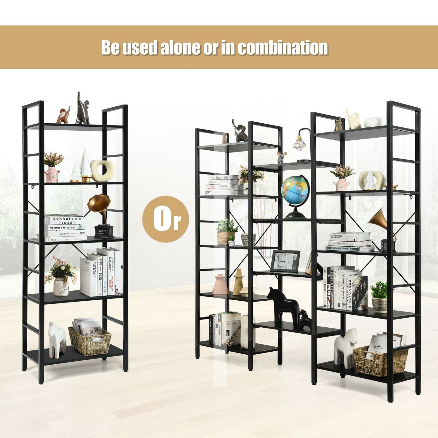 Vintage Industrial Style Triple Wide 5-Tier Bookcase with Metal Frame, Black Bookcases   at Gallery Canada