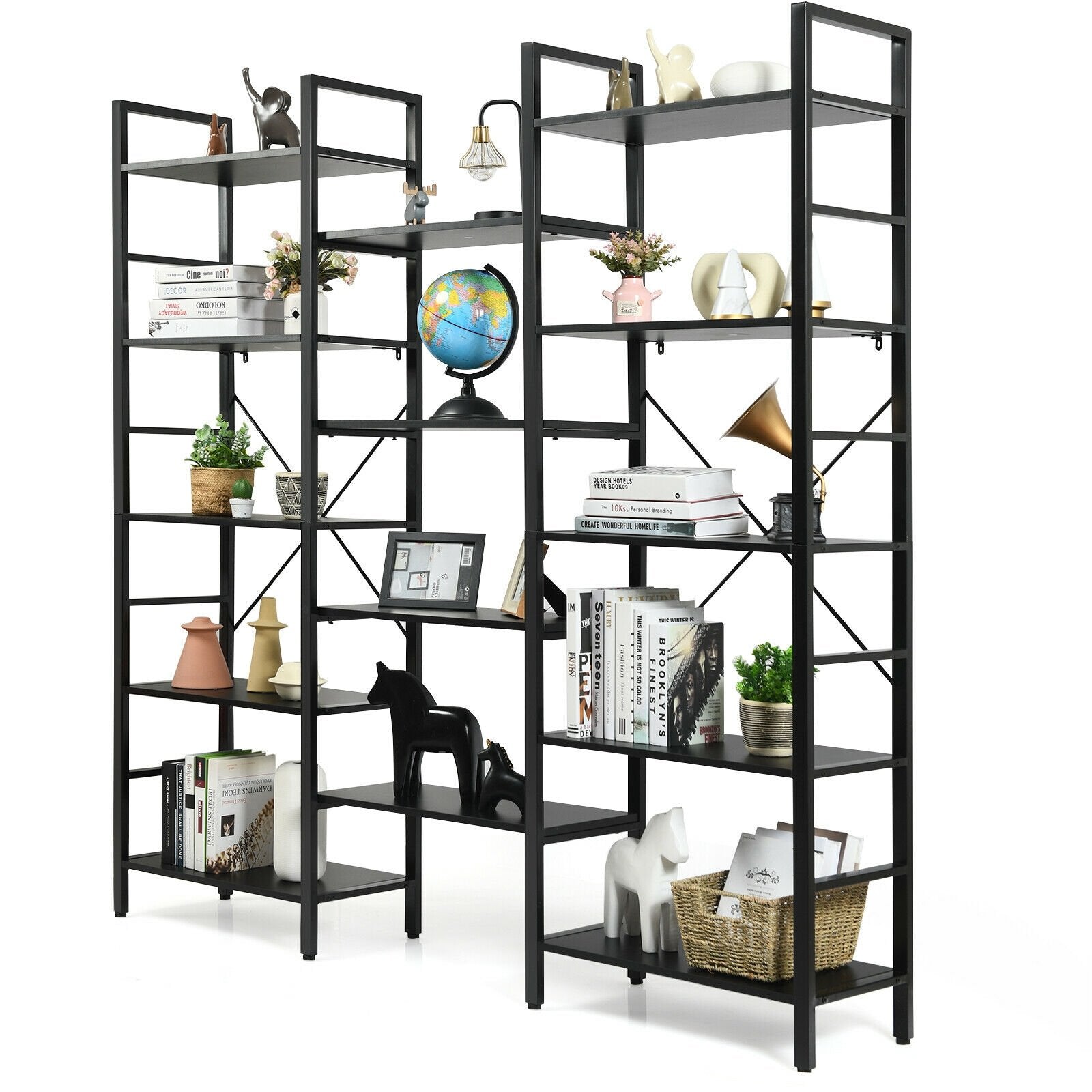 Vintage Industrial Style Triple Wide 5-Tier Bookcase with Metal Frame, Black Bookcases   at Gallery Canada