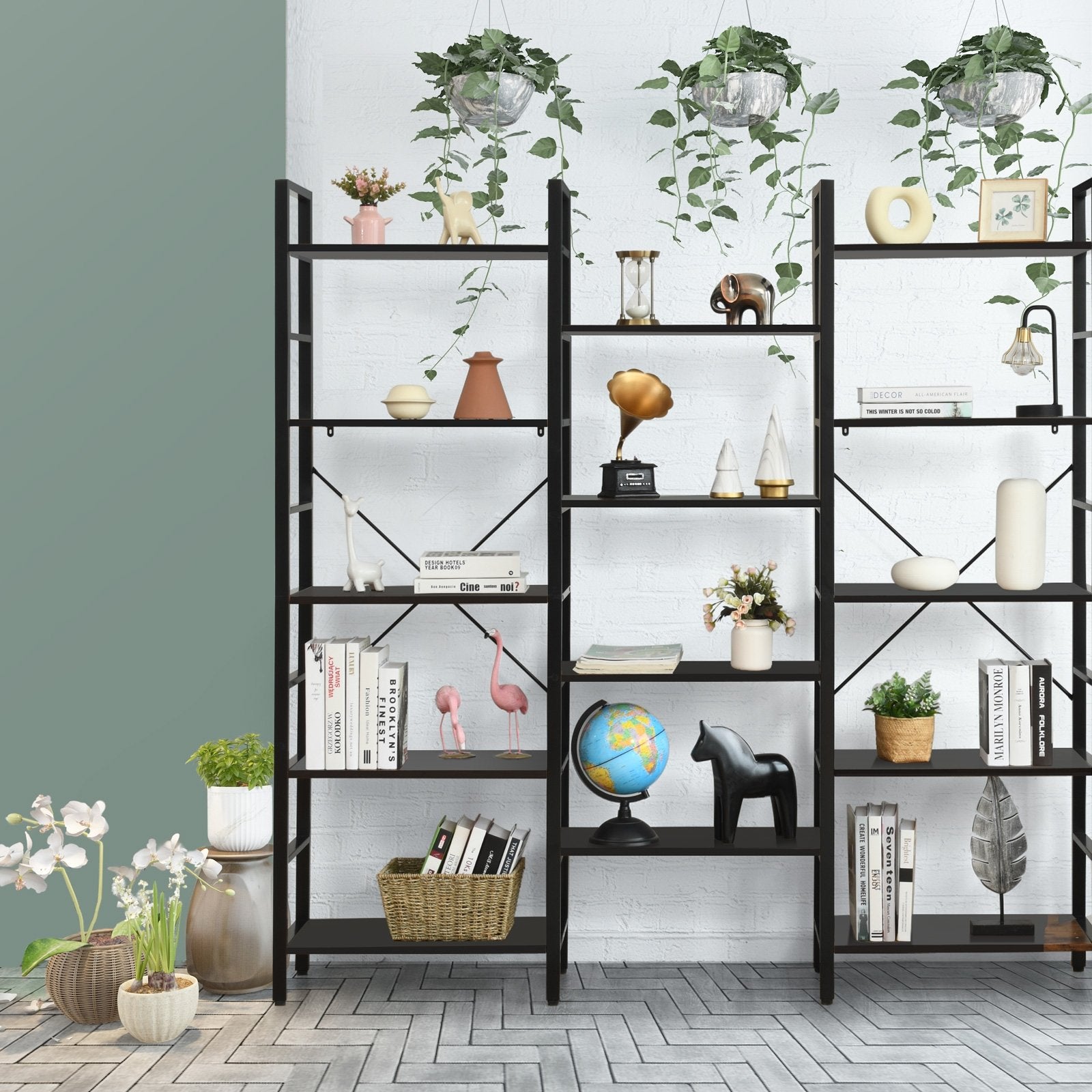 Vintage Industrial Style Triple Wide 5-Tier Bookcase with Metal Frame, Black Bookcases   at Gallery Canada