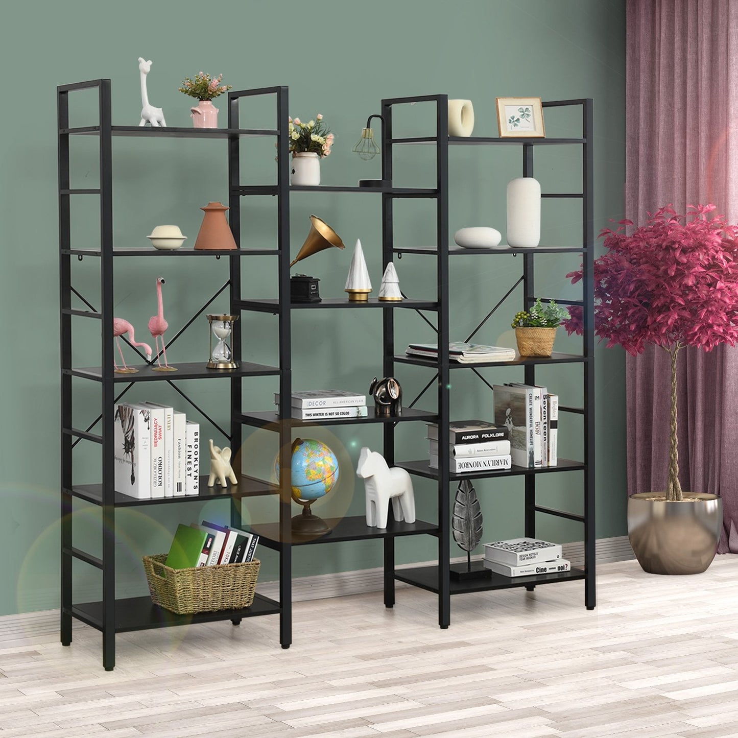 Vintage Industrial Style Triple Wide 5-Tier Bookcase with Metal Frame, Black Bookcases   at Gallery Canada