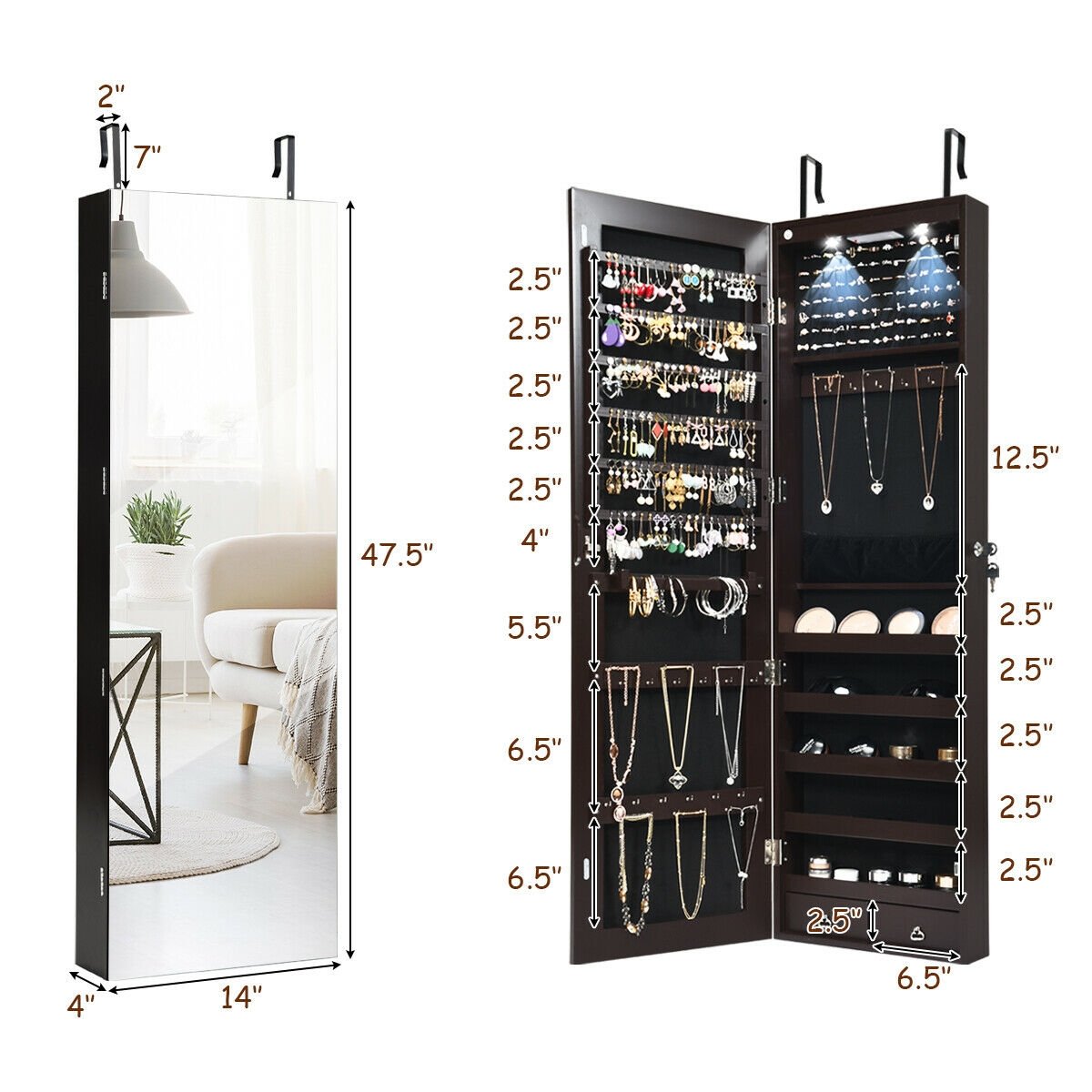 Wall And Door Mounted Mirrored Jewelry Cabinet With Lights, Brown Jewelry Armoires   at Gallery Canada