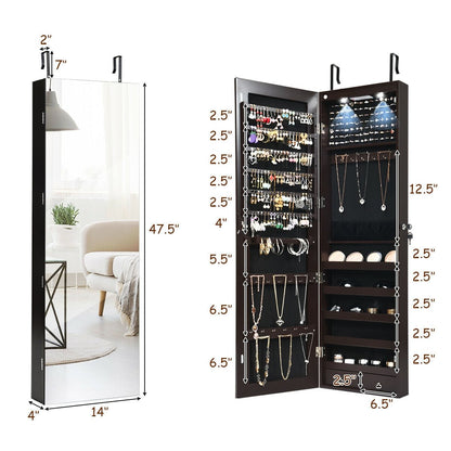 Wall And Door Mounted Mirrored Jewelry Cabinet With Lights, Brown Jewelry Armoires   at Gallery Canada