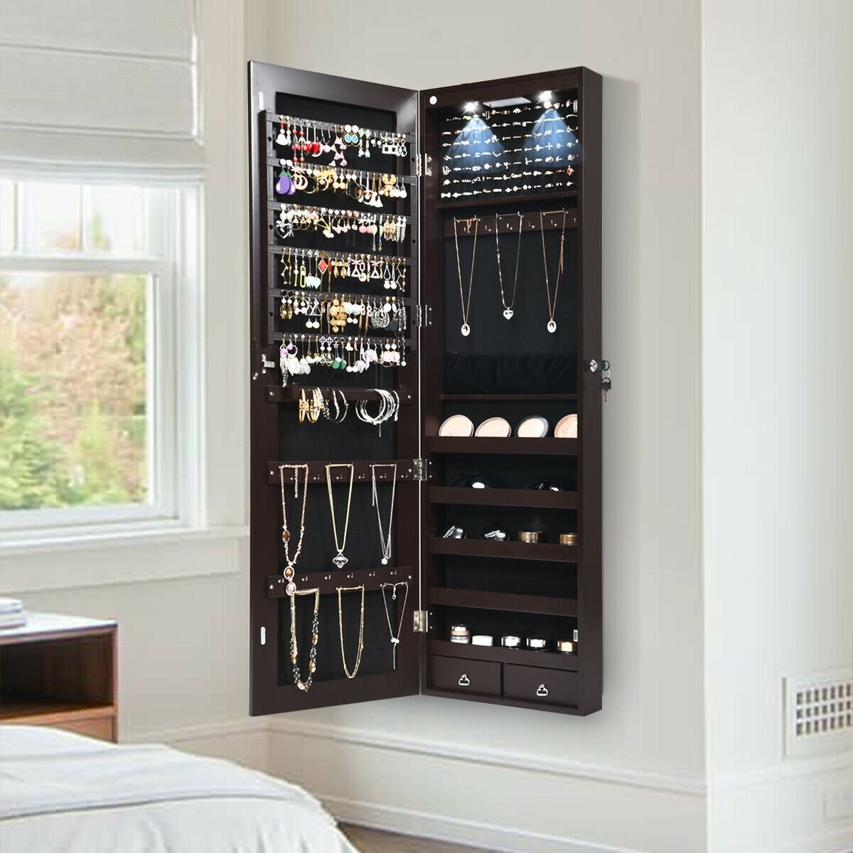 Wall And Door Mounted Mirrored Jewelry Cabinet With Lights, Brown Jewelry Armoires   at Gallery Canada