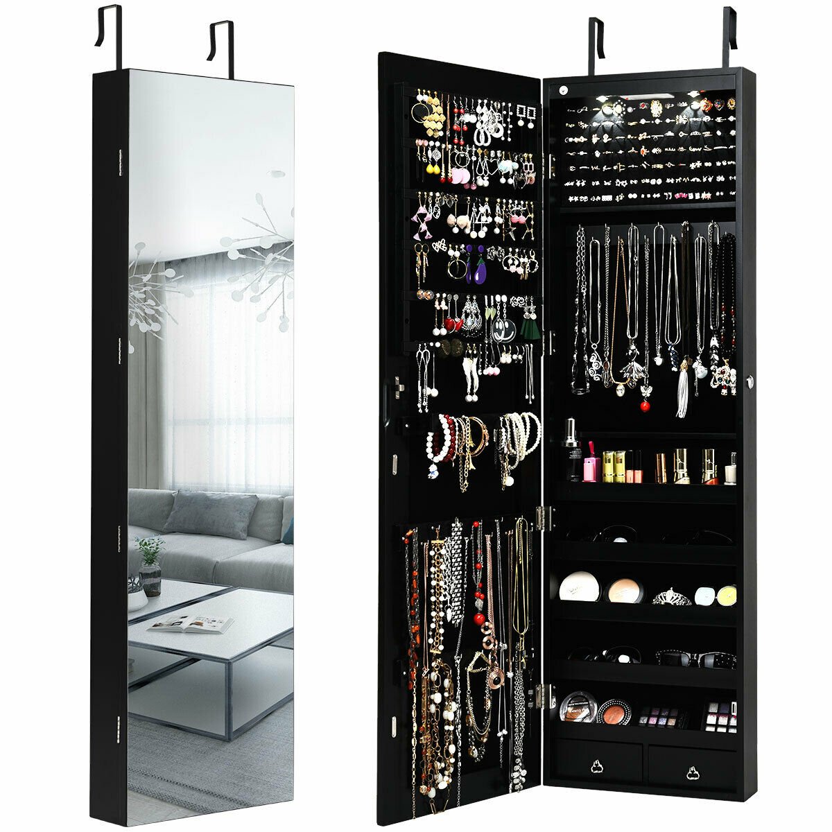 Wall And Door Mounted Mirrored Jewelry Cabinet With Lights, Black Jewelry Armoires   at Gallery Canada