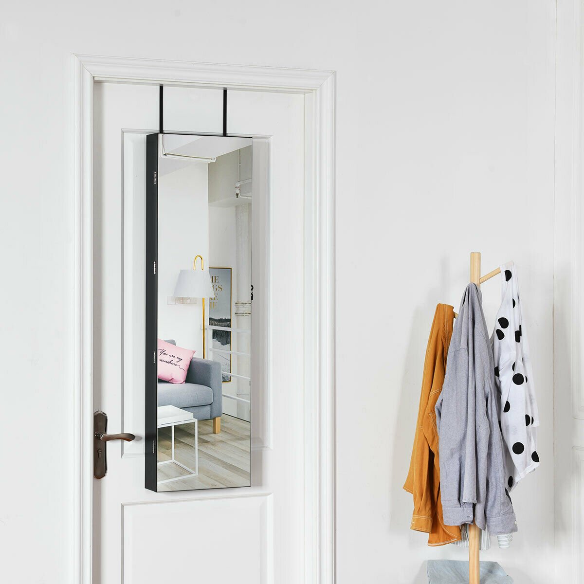 Wall And Door Mounted Mirrored Jewelry Cabinet With Lights, Black Jewelry Armoires   at Gallery Canada