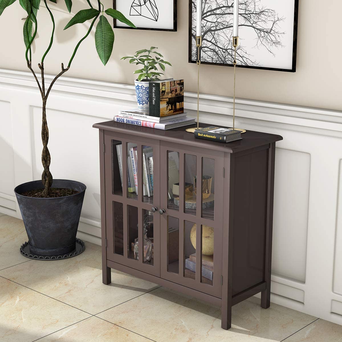 Glass Door Sideboard Console Storage Buffet Cabinet, Brown Sideboards Cabinets & Buffets   at Gallery Canada