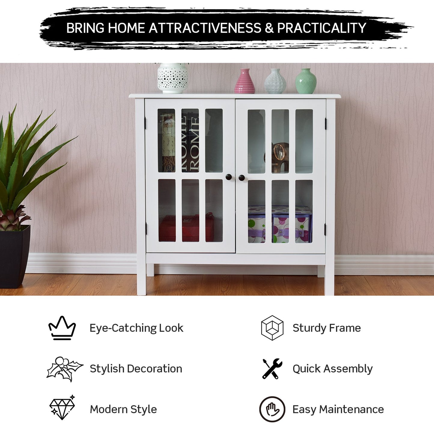 Glass Door Sideboard Console Storage Buffet Cabinet, White - Gallery Canada