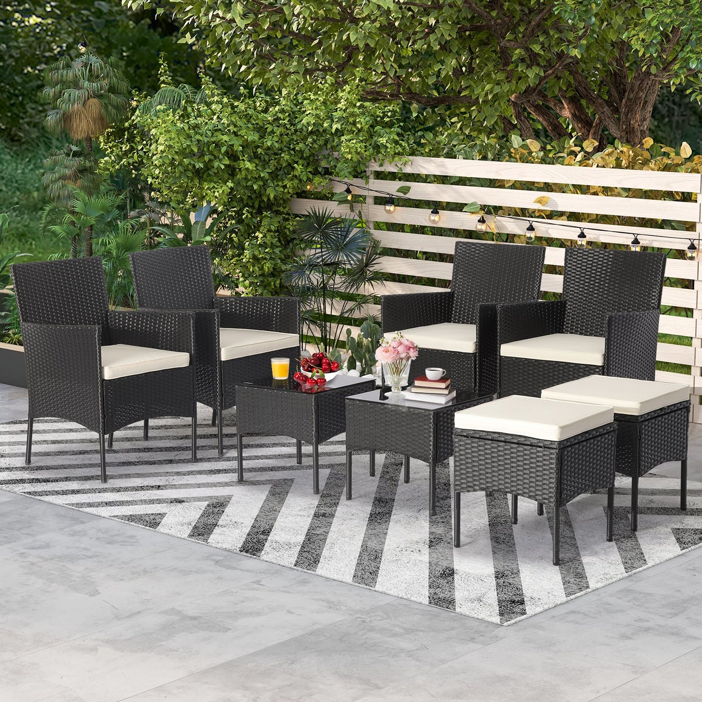 8 Pieces Patio Wicker Conversation Set with 2 Coffee Tables and 2 Ottomans, Off White Patio Conversation Sets   at Gallery Canada