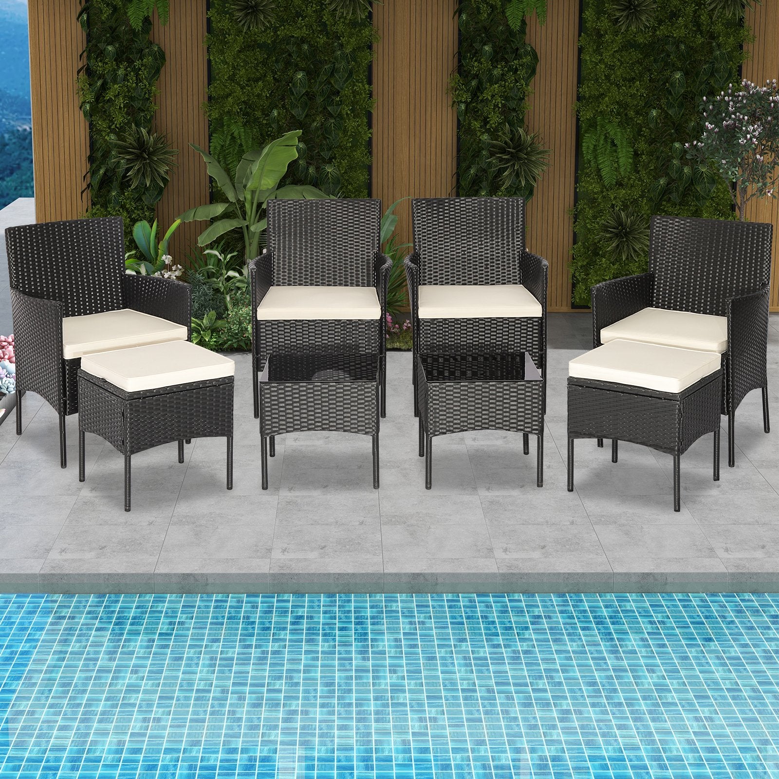 8 Pieces Patio Wicker Conversation Set with 2 Coffee Tables and 2 Ottomans, Off White Patio Conversation Sets   at Gallery Canada