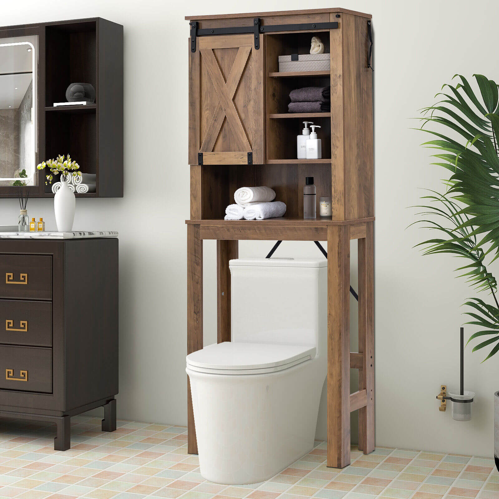 Wooden Bathroom Storage Cabinet with Sliding Barn Door and 3-level Adjustable Shelves, Rustic Brown Bathroom Etagere   at Gallery Canada