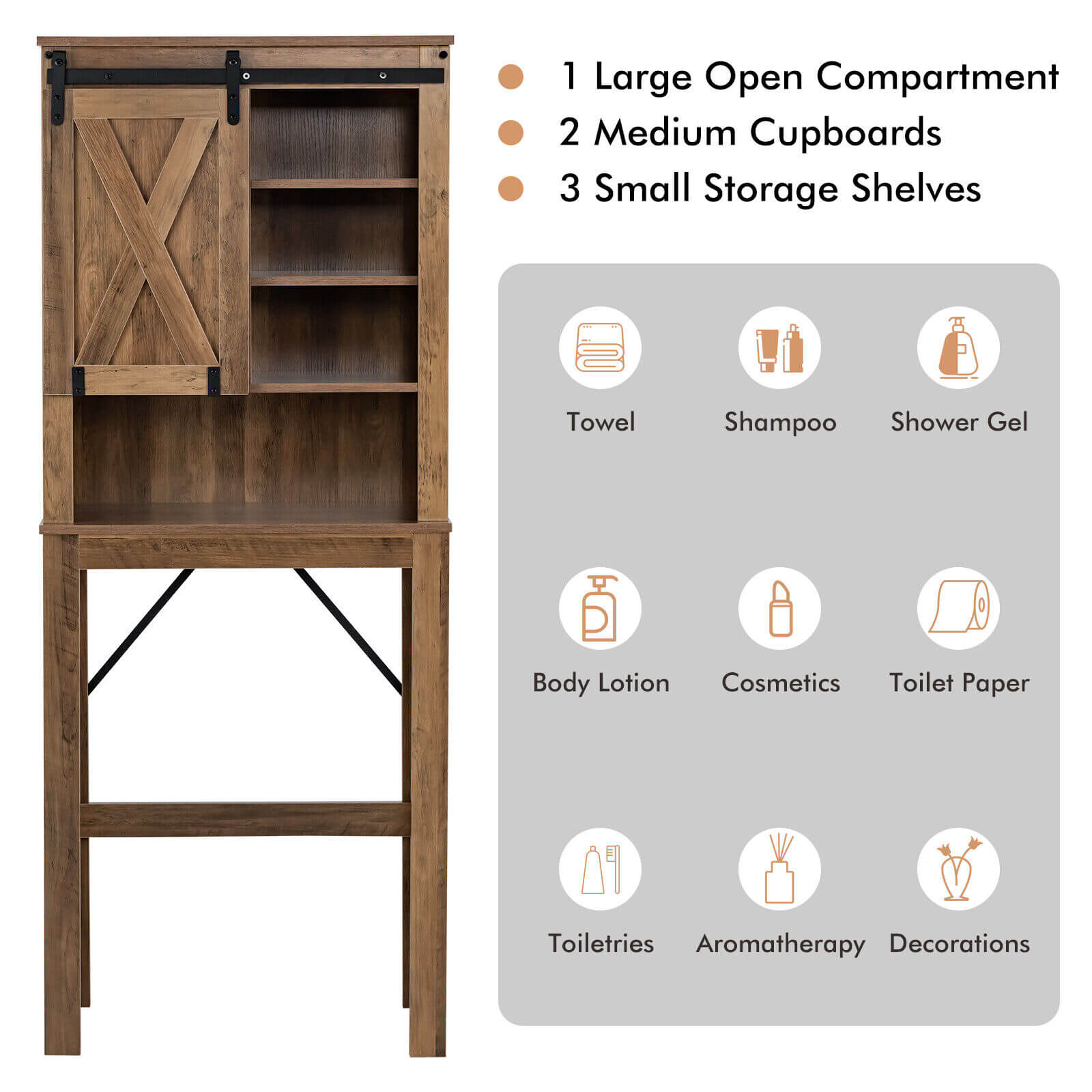 Wooden Bathroom Storage Cabinet with Sliding Barn Door and 3-level Adjustable Shelves, Rustic Brown Bathroom Etagere   at Gallery Canada