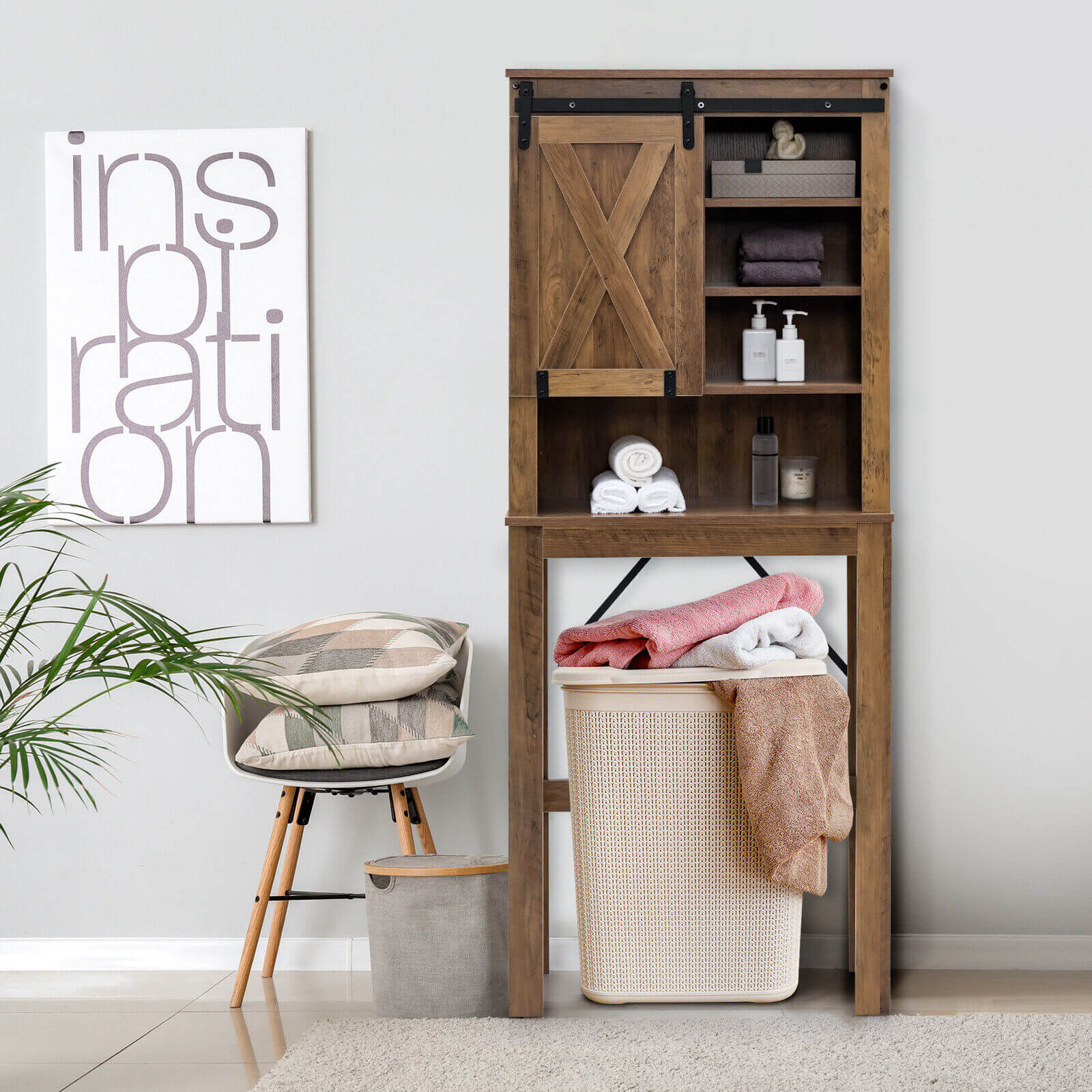 Wooden Bathroom Storage Cabinet with Sliding Barn Door and 3-level Adjustable Shelves, Rustic Brown Bathroom Etagere   at Gallery Canada