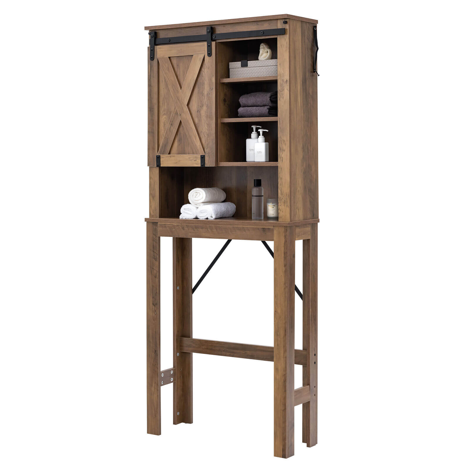 Wooden Bathroom Storage Cabinet with Sliding Barn Door and 3-level Adjustable Shelves, Rustic Brown Bathroom Etagere   at Gallery Canada