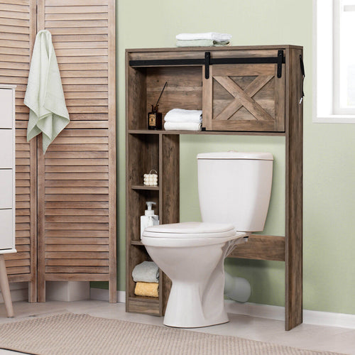 4-Tier Over The Toilet Storage Cabinet with Sliding Barn Door and Storage Shelves, Brown