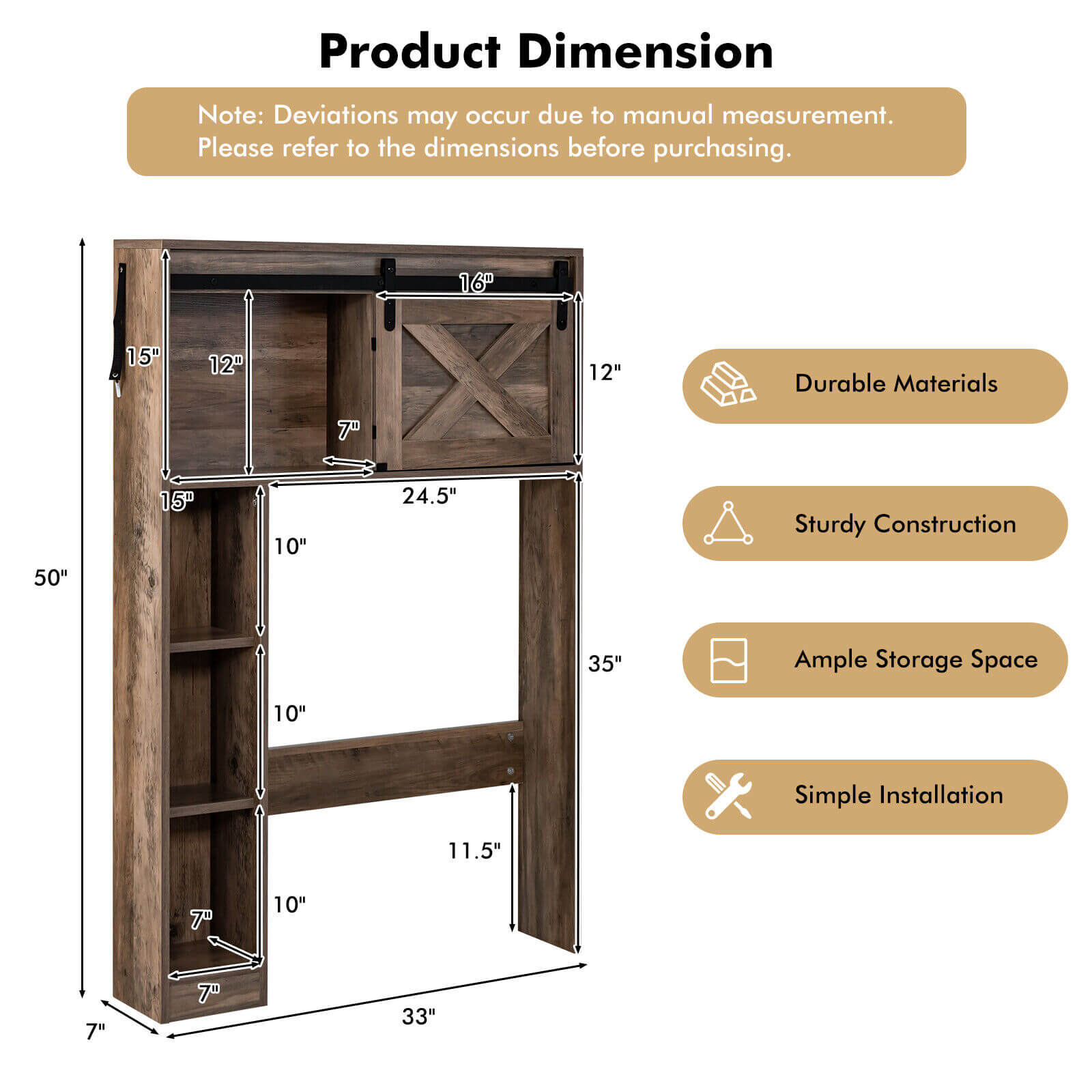 4-Tier Over The Toilet Storage Cabinet with Sliding Barn Door and Storage Shelves, Brown Bathroom Etagere   at Gallery Canada