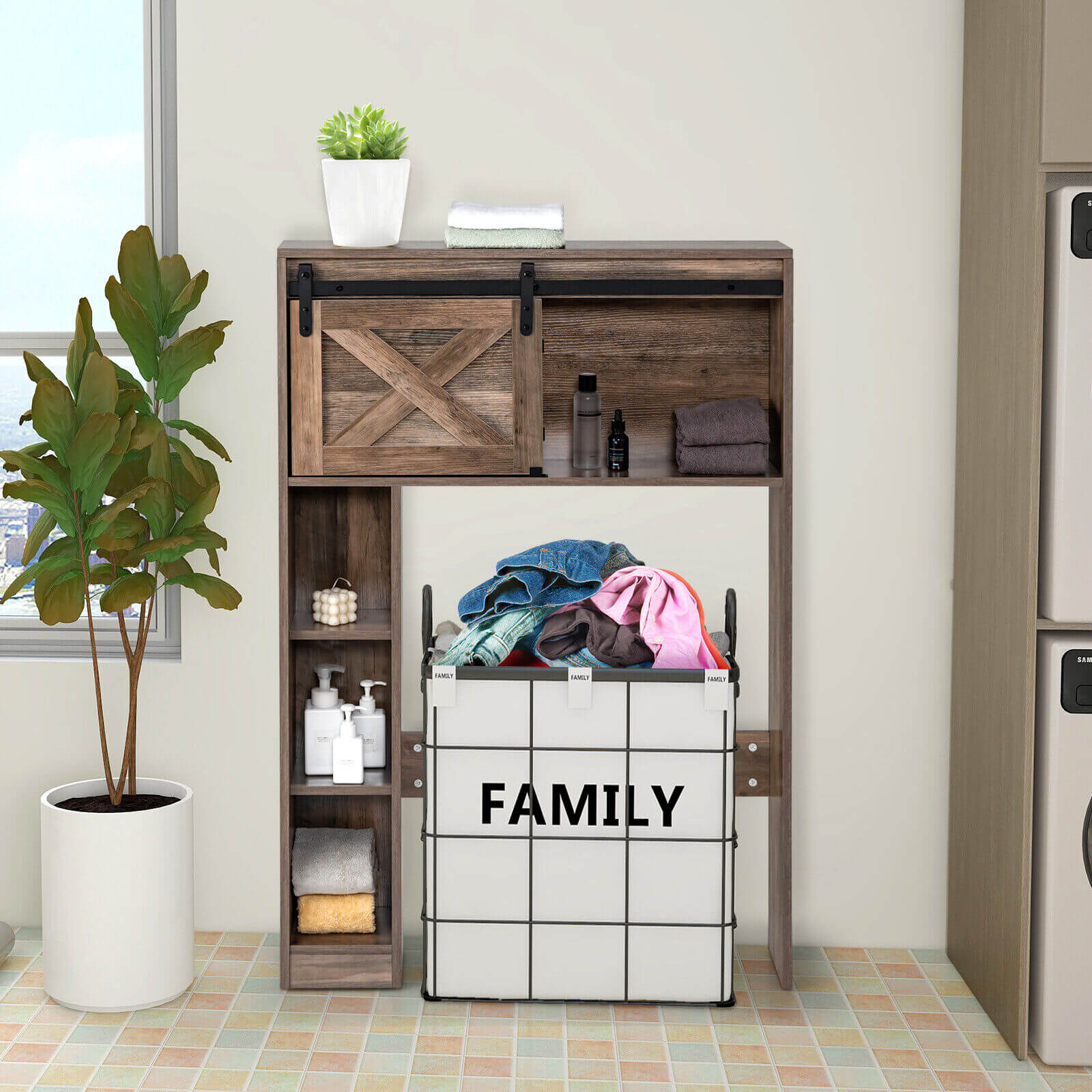 4-Tier Over The Toilet Storage Cabinet with Sliding Barn Door and Storage Shelves, Brown Bathroom Etagere   at Gallery Canada