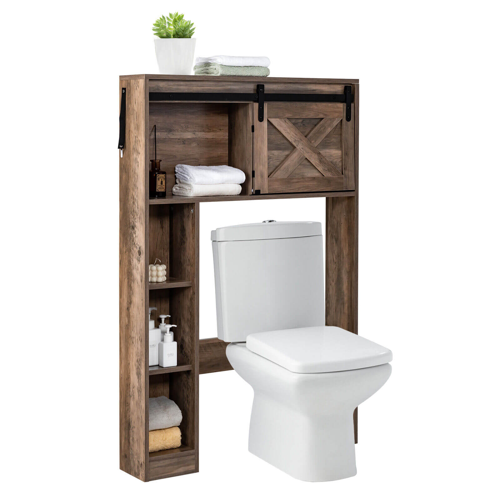 4-Tier Over The Toilet Storage Cabinet with Sliding Barn Door and Storage Shelves, Brown Bathroom Etagere   at Gallery Canada