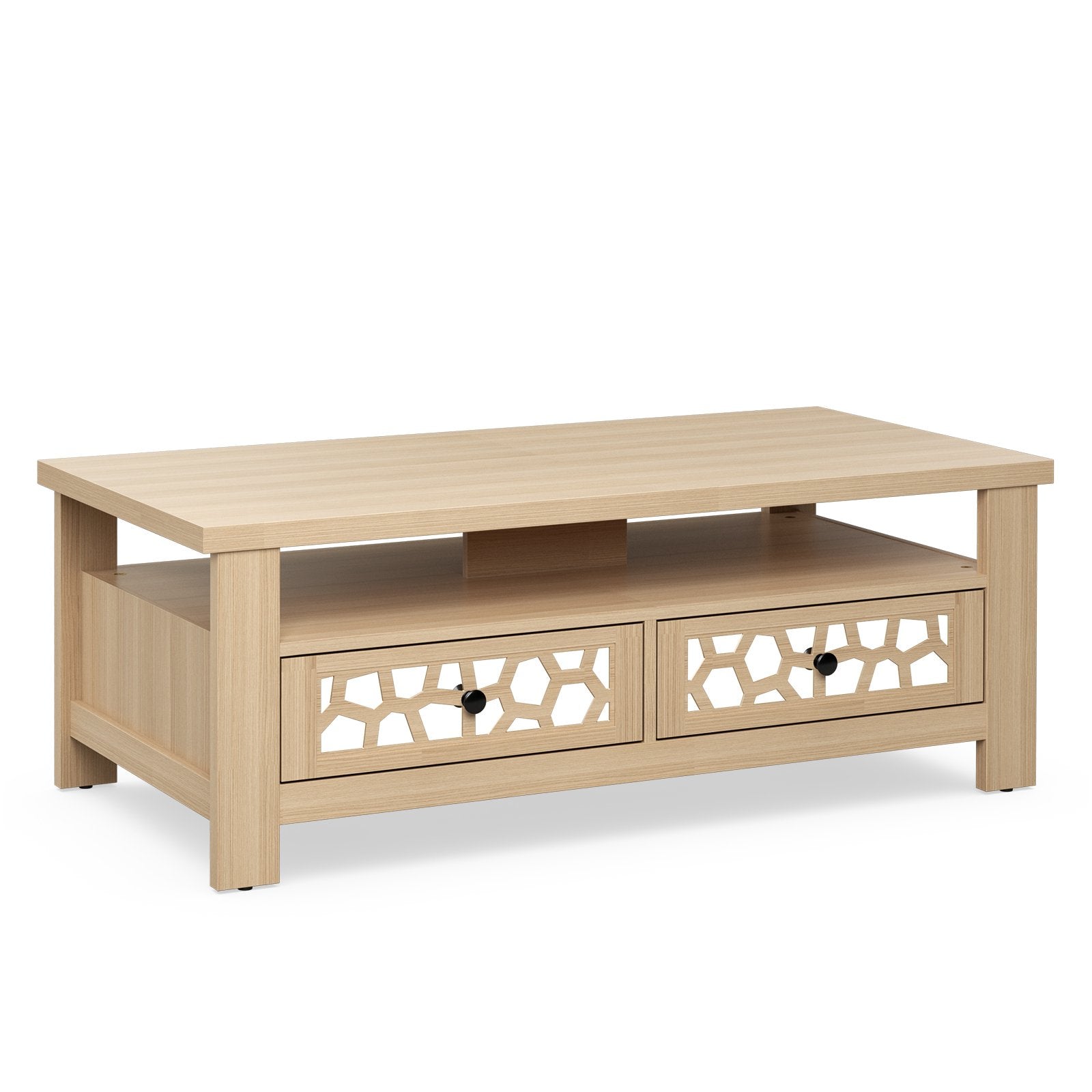 3-tier Coffee Table with 2 Drawers and 5 Support Legs, Natural Coffee Tables   at Gallery Canada