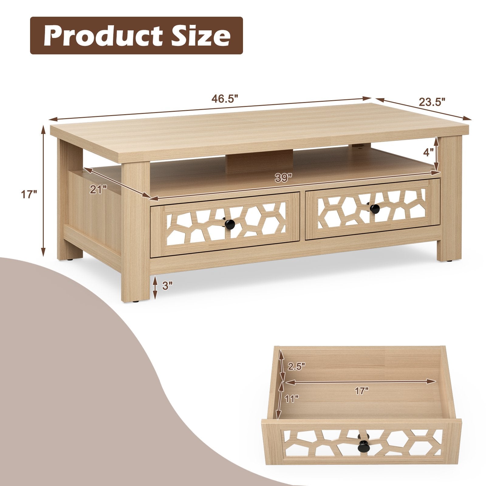 3-tier Coffee Table with 2 Drawers and 5 Support Legs, Natural Coffee Tables   at Gallery Canada