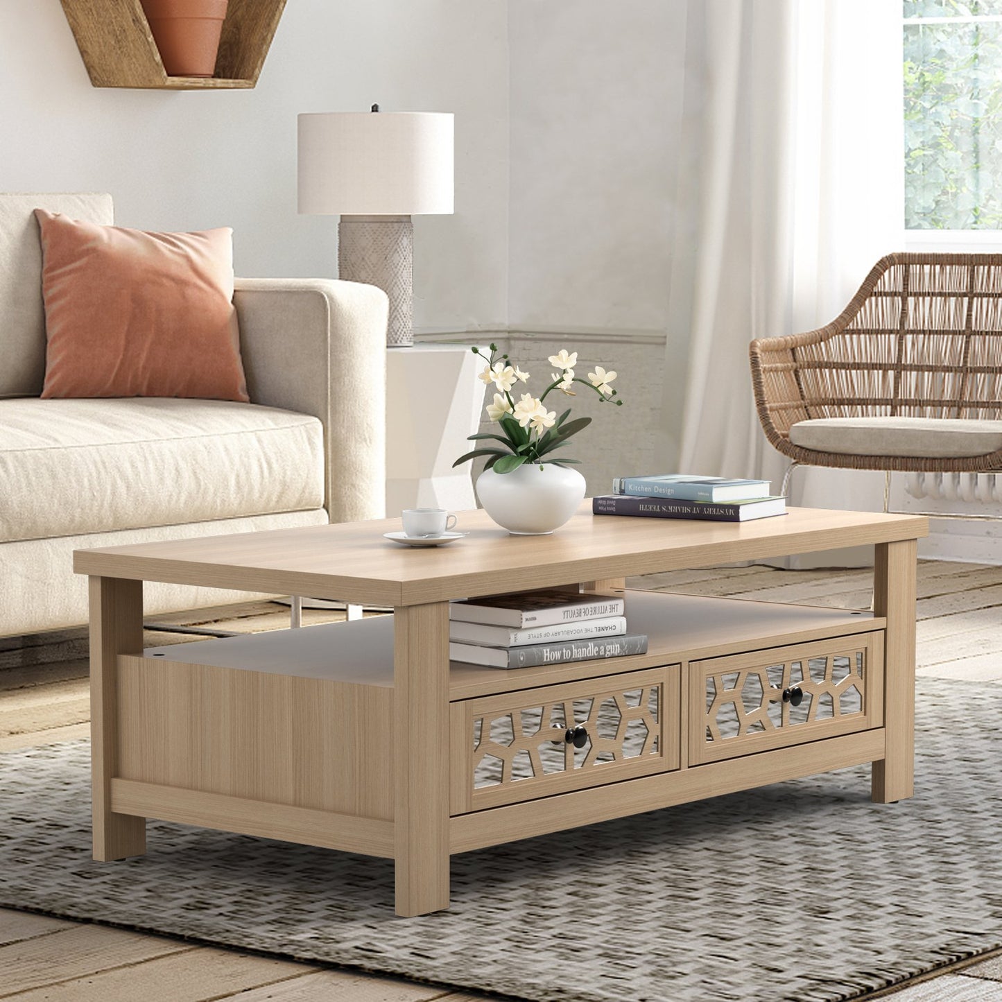 3-tier Coffee Table with 2 Drawers and 5 Support Legs, Natural Coffee Tables   at Gallery Canada