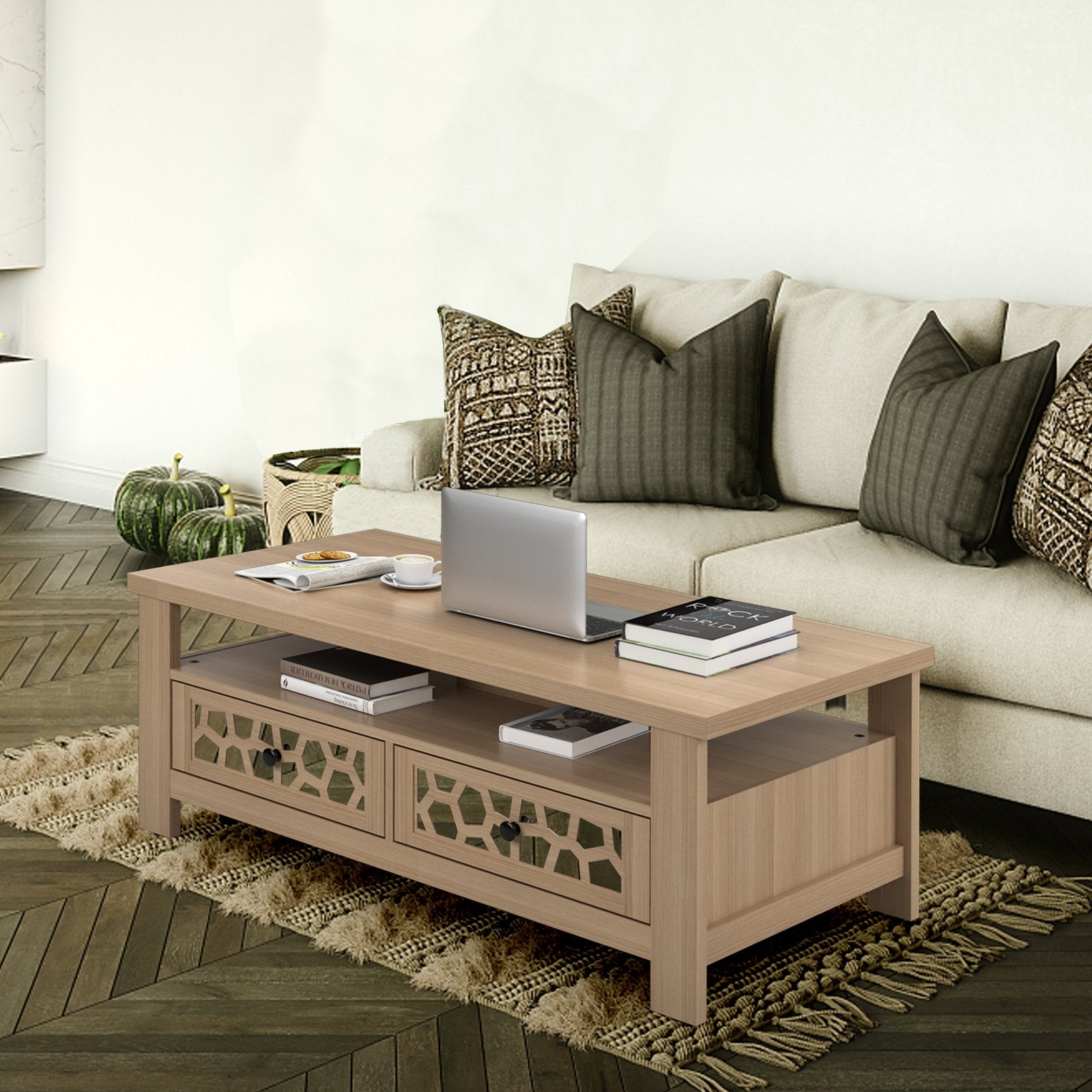 3-tier Coffee Table with 2 Drawers and 5 Support Legs, Natural Coffee Tables   at Gallery Canada