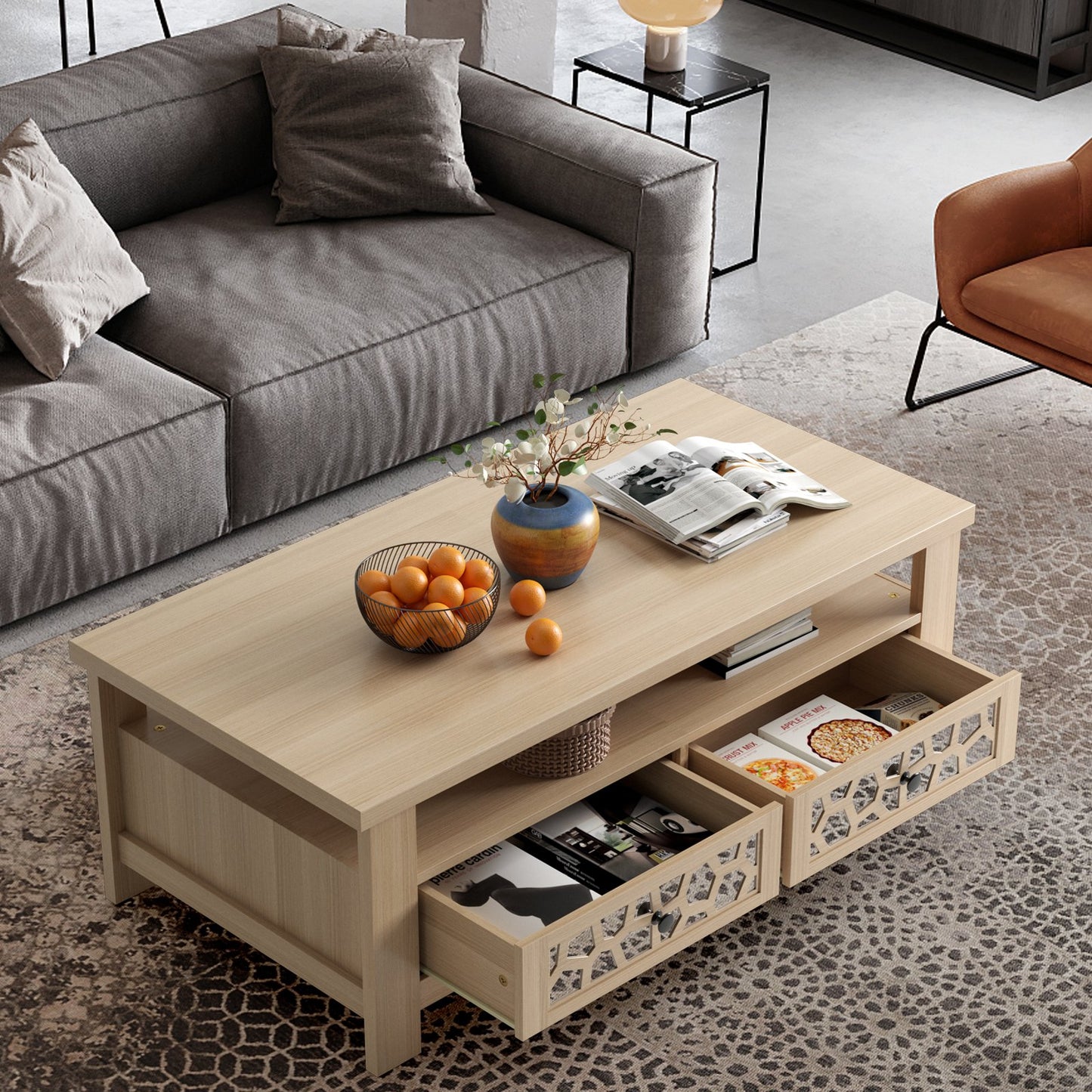 3-tier Coffee Table with 2 Drawers and 5 Support Legs, Natural Coffee Tables   at Gallery Canada