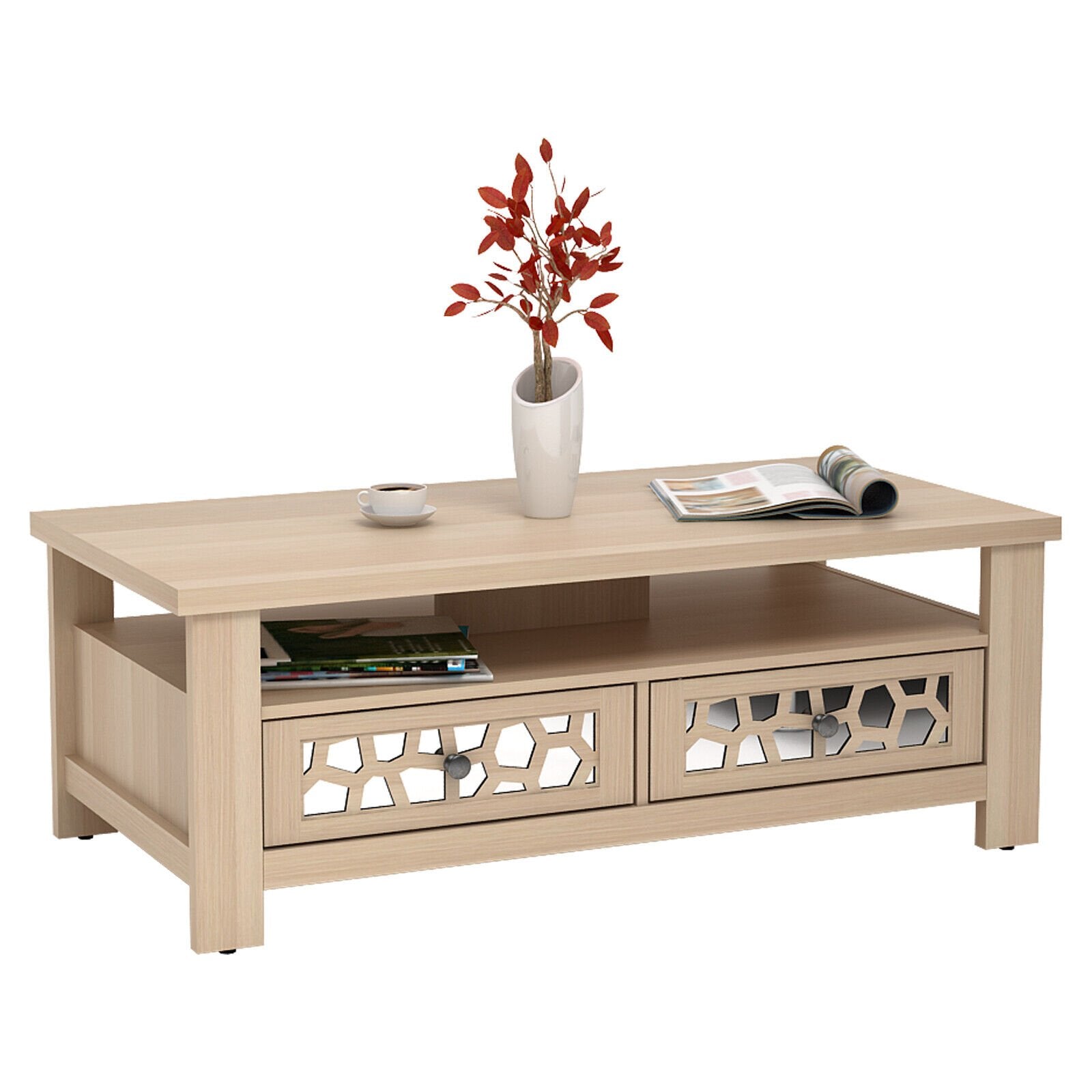 3-tier Coffee Table with 2 Drawers and 5 Support Legs, Natural Coffee Tables   at Gallery Canada