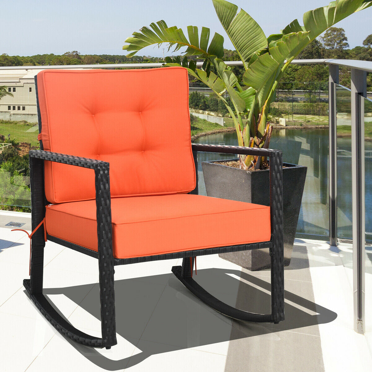 Patio Rattan Rocker Outdoor Glider Rocking Chair Cushion Lawn, Orange Patio Rocking Chairs & Gliders   at Gallery Canada