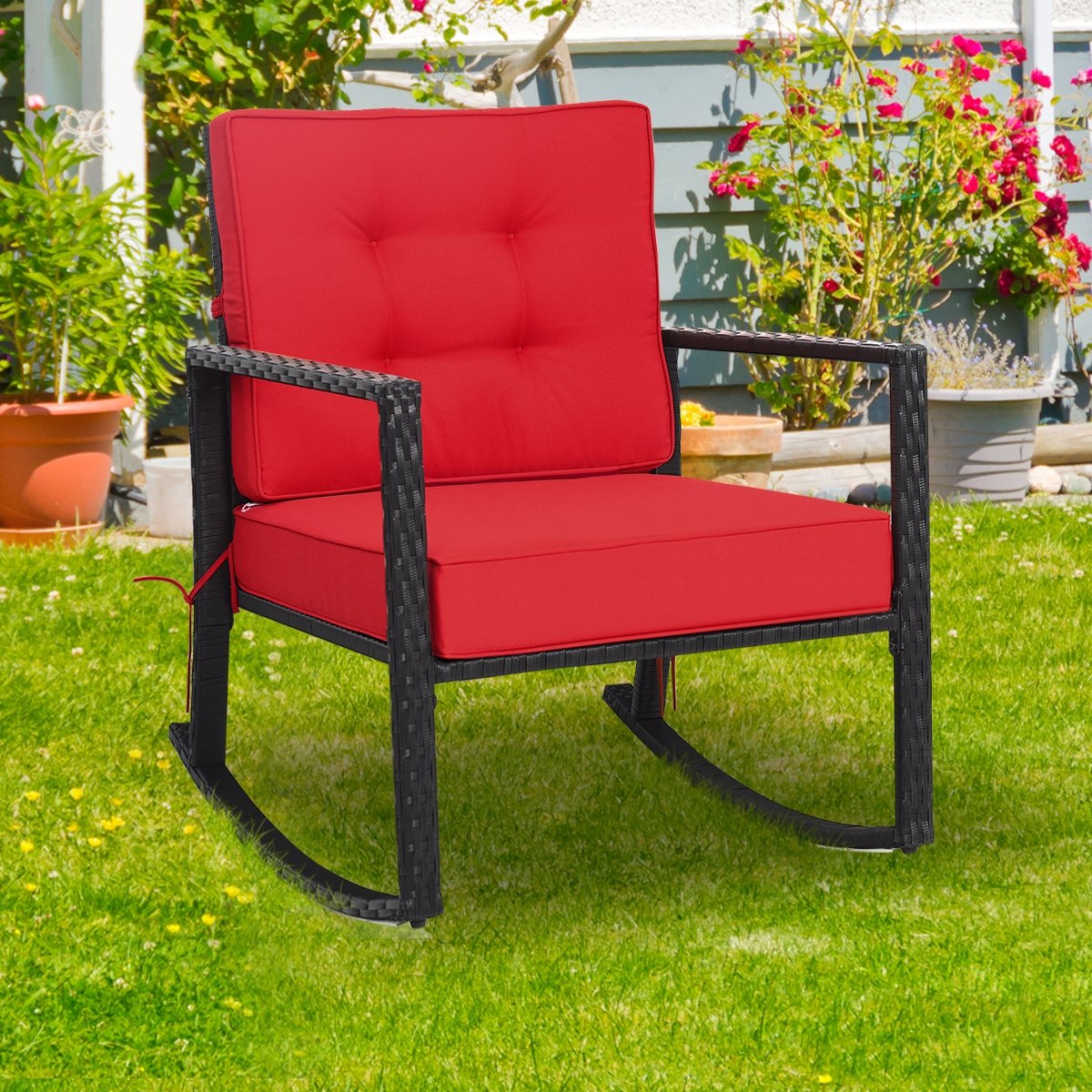 Patio Rattan Rocker Outdoor Glider Rocking Chair Cushion Lawn, Red Patio Rocking Chairs & Gliders   at Gallery Canada