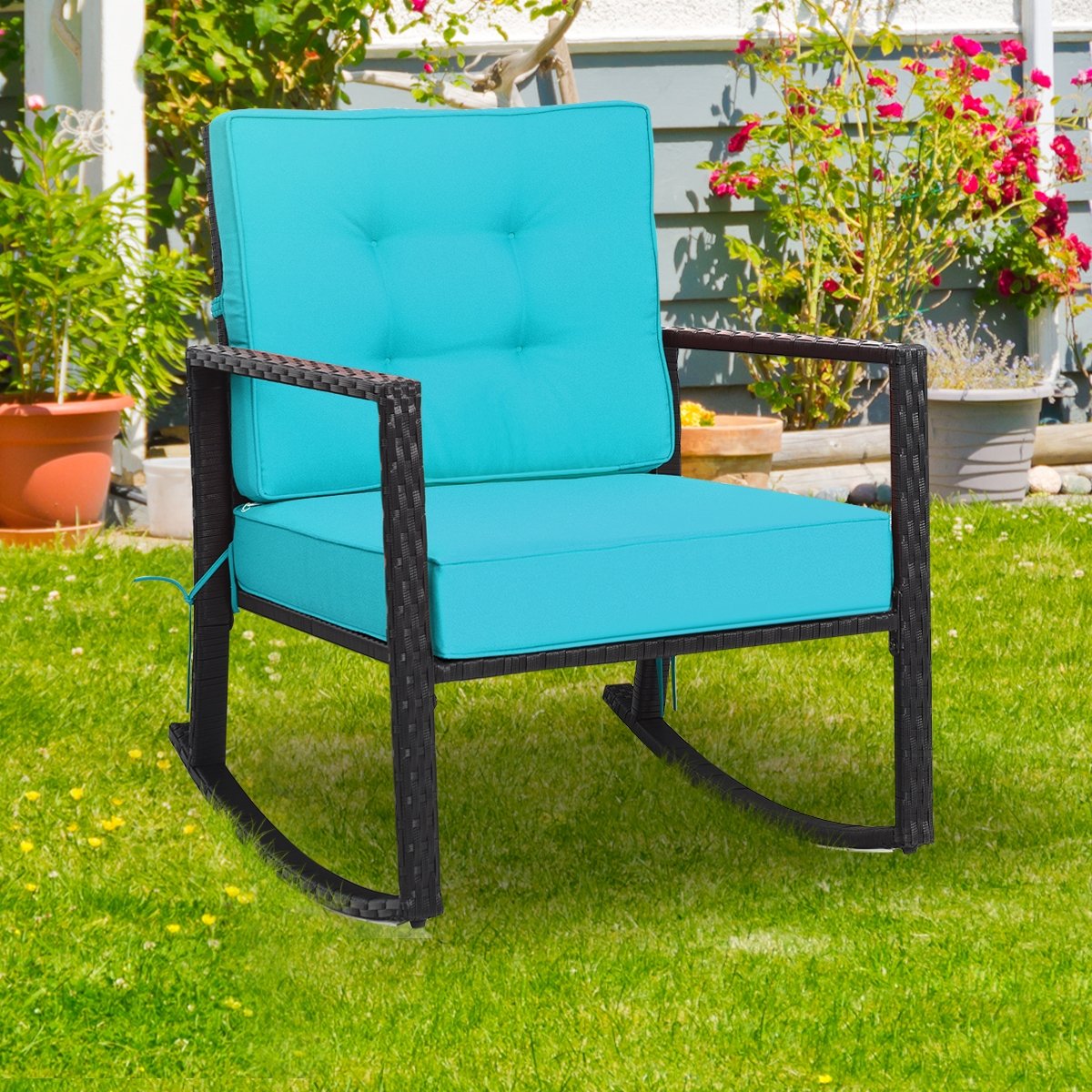 Patio Rattan Rocker Outdoor Glider Rocking Chair Cushion Lawn, Turquoise Patio Rocking Chairs & Gliders   at Gallery Canada